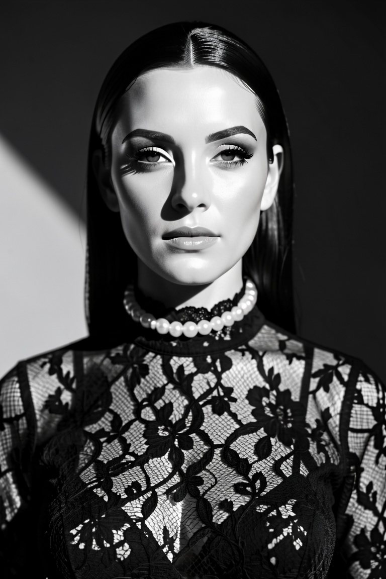 "A black and white portrait of a woman with sleek hair and a refined nose wearing a high-neck lace blouse and a pearl chok...