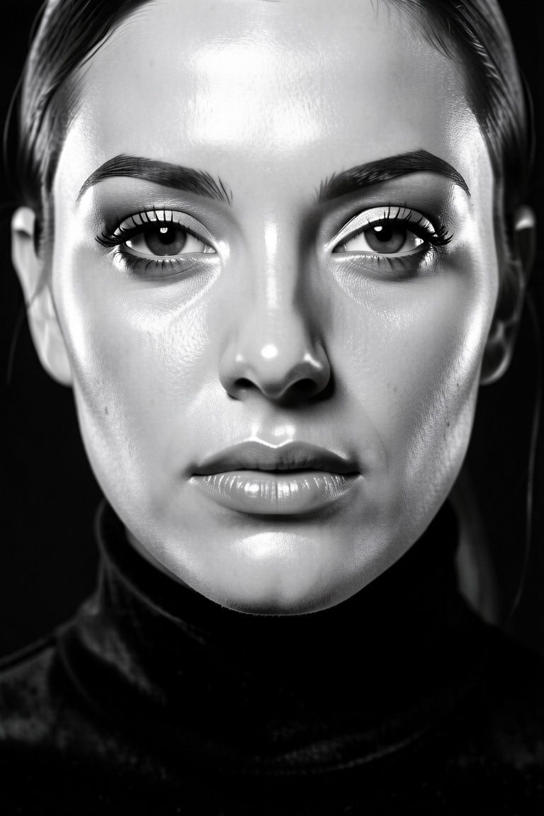 "A black and white extreme close-up of the woman,  focusing on her eyes,  nose on Tensor.Art