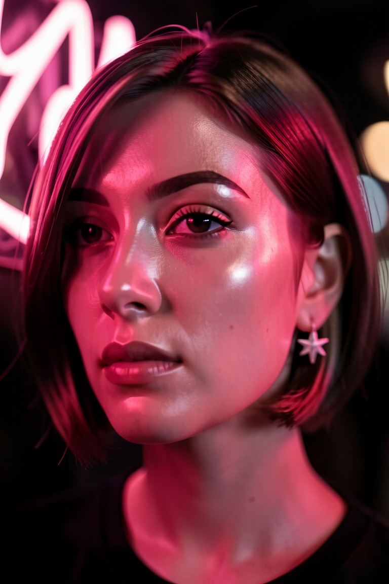 "An extreme macro close-up portrait of the woman with a delicate oval face and short brown bob hair. She wears a single st...