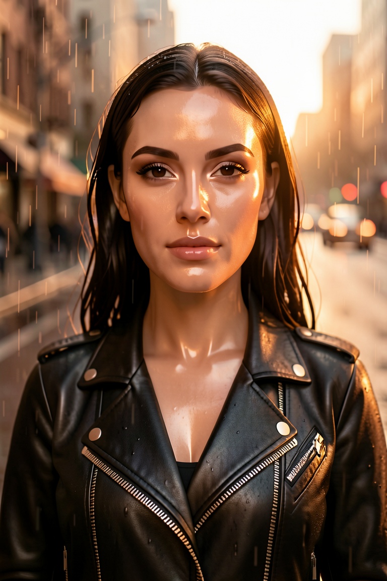 "A close-up of the woman in a city street during a golden hour shower. She wears a black leather jacket. Warm sunset light...