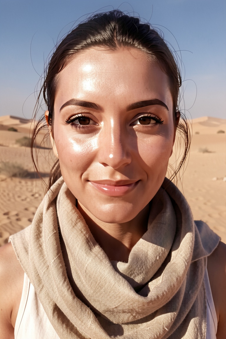 "A tight headshot of the woman with large expressive eyes and a subtle smile,  wearing a sand-colored linen scarf wrapped...