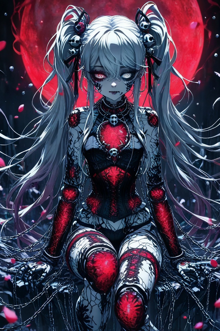 (artist:quasarcake:0.6),lens flare,extreme aesthetic,masterpiece, best quality, backlight,high quality, (Tyndall Effect 1.4),extremely detailed, High Detail, vibrant colors, anime style, cover art,(wanke:0.8),(watercolor \(tira 7:0.8),(lam (ramdayo):0.8),(mochizuki kei:0.8),extreme aesthetic,masterpiece,best quality,good quality,newest,very aesthetic,absurdres,Visual impact,32K UHD,colorful,sharp focus, 1girl, petite , vampire princess, silver-gray gradient hair, double ponytails with ribbon, heterochromia eyes (luminous cyan left/ ruby red right), skull necklace with obsidian chain, pale gothic makeup, delicate fangs, blood droplet on lower lip, anime cinematic style, dark fantasy wallpaper, White Jade City background, crumbling marble ruins, floating cherry blossom petals, blood moon aura, volumetric lighting, ray tracing shadows, global illumination, cinematic rim light, chromatic aberration effect, subsurface scattering, black lace dominatrix corset, silk thigh garters, hyperrealistic fabric texture (velvet/satin/leather), silver chain accessories, intricate gothic embroidery

