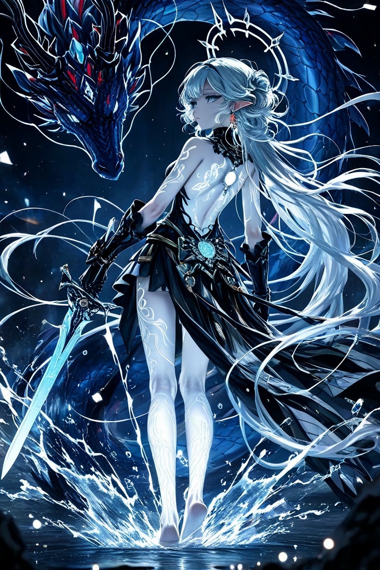 ddxg,zxww,fleurdelys\(wuthering waves\),fleurdelys\(wuthering waves\),1girl,solo,halo,long hair,pointy ears,earrings,blue eyes,very long hair,grey hair,dress,gloves,back,bare shoulders,black gloves,,black dress,gauntlets,bare legs,barefoot,sword,holding weapon,holding sword,dynamic pose,dragon,electricity,jinhsi,1girl,jewelry,long hair,backlighting,water,(glowing:1.8),fighting stance,blue and white theme,depth of field,cinematic lighting,light particles,lens flare,(artist:quasarcake:0.8),extreme aesthetic,(wlop:0.6),masterpiece,best quality,good quality,newest,year 2024,year 2023,very aesthetic,absurdres,Visual impact,A shot with tension,ultra-high resolution,32K UHD,sharp focus,best-quality,masterpiece,Emotionalization,unconventional supreme masterpiece,masterful details,temperate atmosphere,with a high-end texture,in the style of fashion photography,(Visual impact:1.2),giving the poster a dynamic and visually striking appearance,impactful picture,offcial art,colorful,splash of color,movie perspective,masterpiece,best quality,amazing quality,very aesthetic,absurdres,best quality,newest, 
