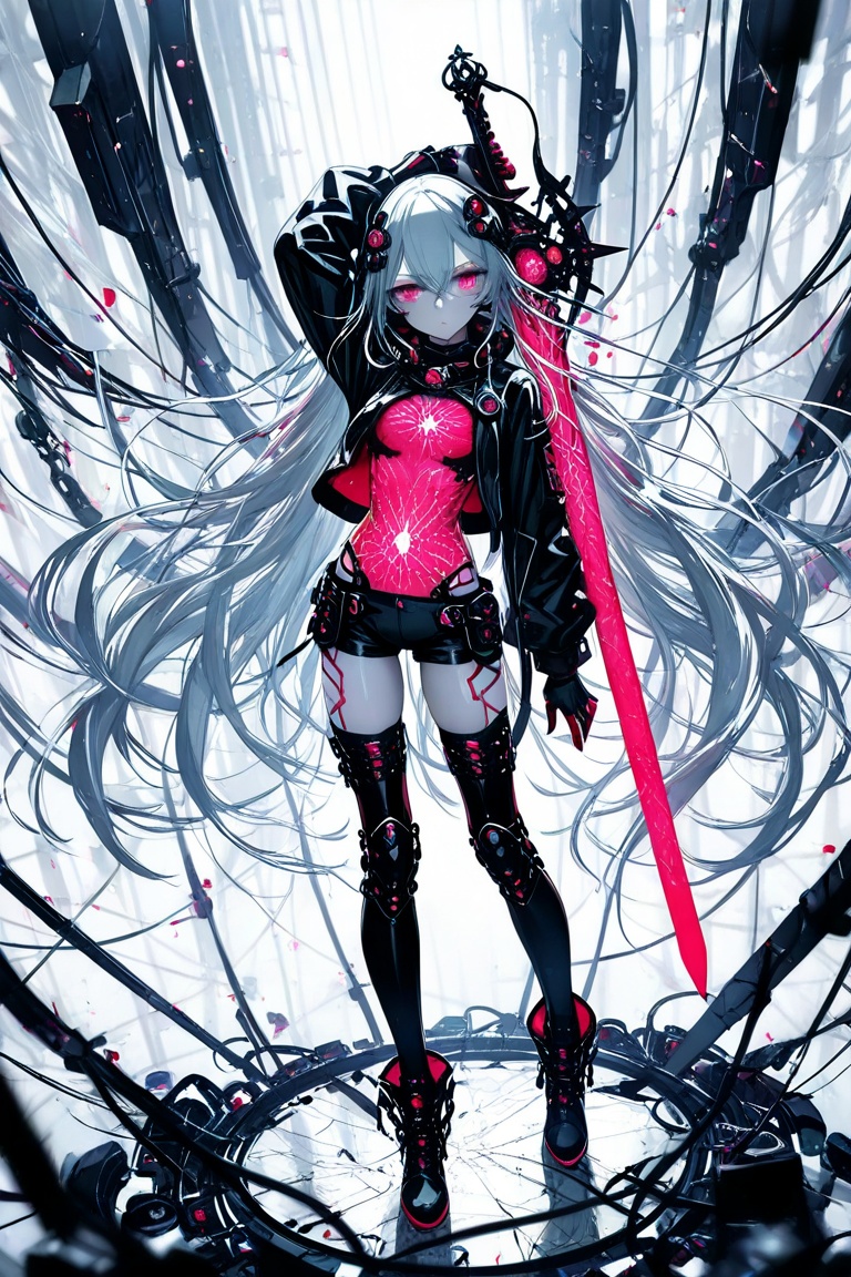 1girl, solo, long hair, looking at viewer, bangs, red eyes, thighhighs, long sleeves, white background, holding, hair between eyes, very long hair, standing, jacket, full body, weapon, grey hair, boots, shorts, sword, black thighhighs, pink eyes, black footwear, holding weapon, character name, arm up, black jacket, thigh boots, holding sword ,Light, shadow ,(Murata_Renge:0.8),(reoen1:1),(as109:0.7),(Saebe_Shun:0.7),(akipeko:0.7),(Toronto:0.8),(lineart:0.8),(fuzichoco:0.6),(Mika Pikazo:0.4),(Artist: sheya:0.5),(wlop:0.4),Illustration,Simple Flat Coloring,lightshadow,line art,shadow,masterpiece,best quality,good quality,very aesthetic,A shot with tension,impactful picture,offcial art,movie perspective,masterpiece,facing the lens,best quality,very aesthetic,extremely delicate and beautiful,huge filesize,amazing quality,Blurred foreground,solo_focus,simple_background,depth_of_field,sunlight,reflective,masterful details,intricate details,soothing tones,high contrast,natural skin texture,soft light,sharp,ultra-high resolution,32K UHD,,yswh 
