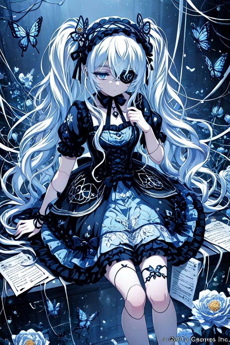 1girl, solo, long hair, bangs, blue eyes, hair ornament, dress, bow, ribbon, hair between eyes, twintails, blue hair, flower, white hair, short sleeves, hairband, frills, puffy sleeves, black dress, puffy short sleeves, blue dress, watermark, eyepatch, frilled dress, bug, butterfly, lolita fashion, paper, lolita hairband 
