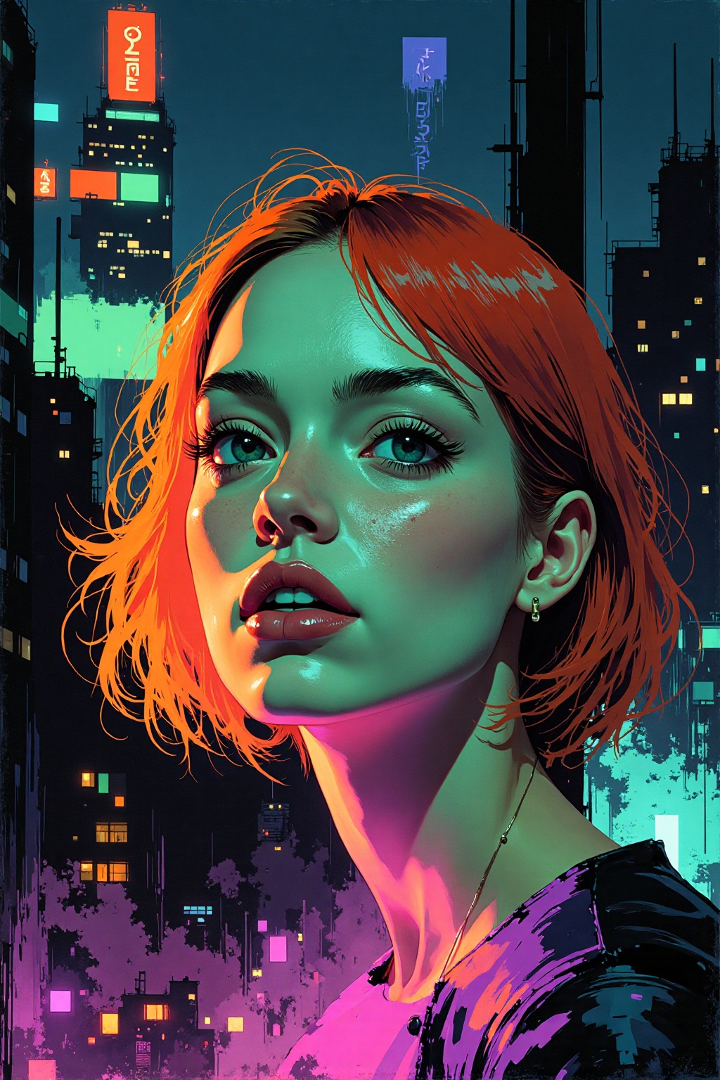 Abstract. Rough sketch. Brush strokes. Neon colors. A young woman. City by night. on Tensor.Art