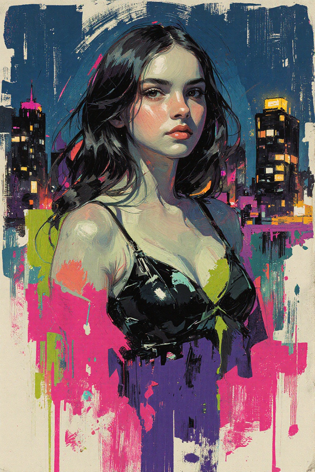 Abstract painting. Rough sketch. Neon colors. A young woman. Medium shot. City by night. on Tensor.Art