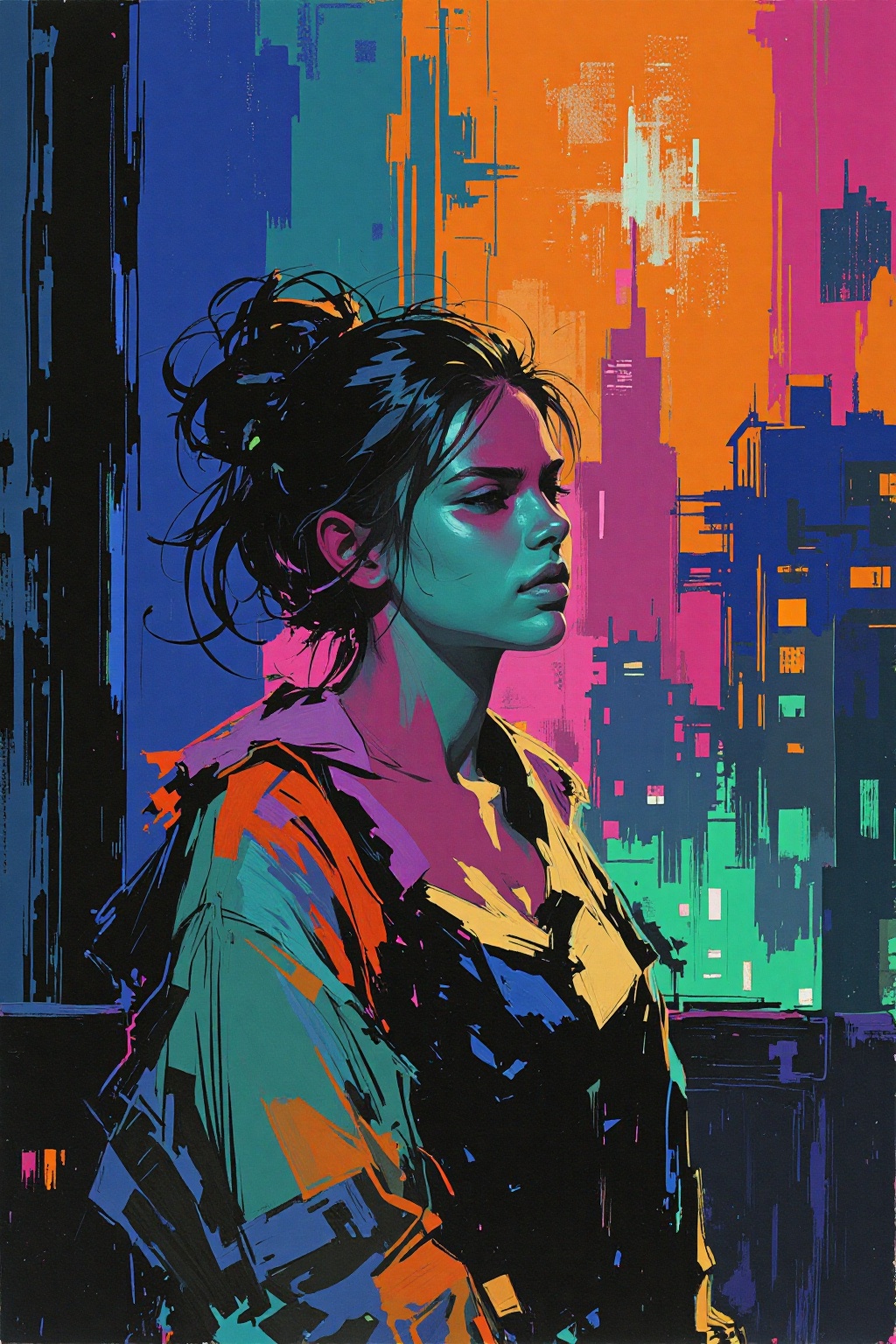 Abstract painting. Rough sketch. Neon colors. A young woman. Medium shot. City by night. on Tensor.Art