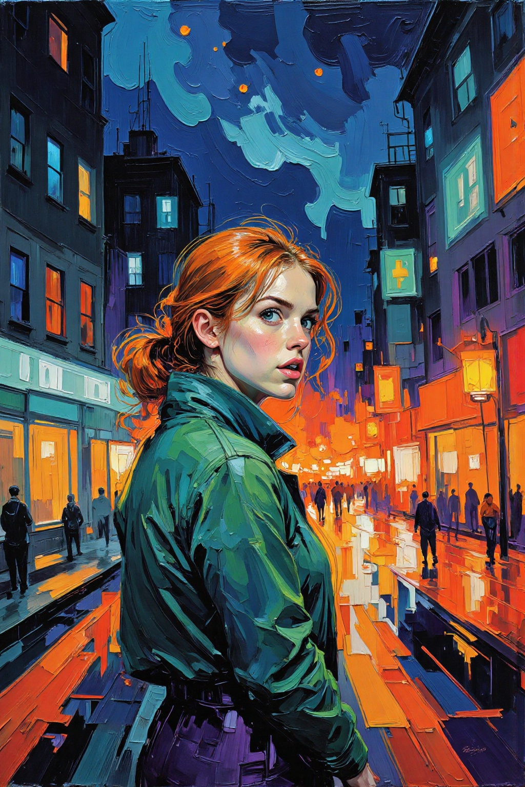 Abstract painting. Rough sketch. Neon colors. A young woman. Medium shot. City by night. on Tensor.Art