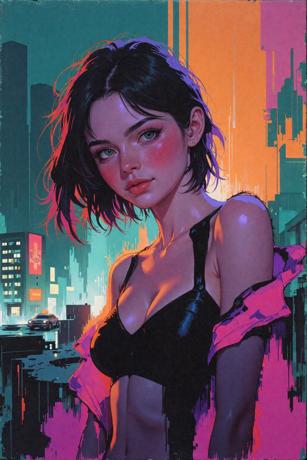 Abstract painting. Rough sketch. Neon colors. A young woman. Medium shot. City by night. on Tensor.Art