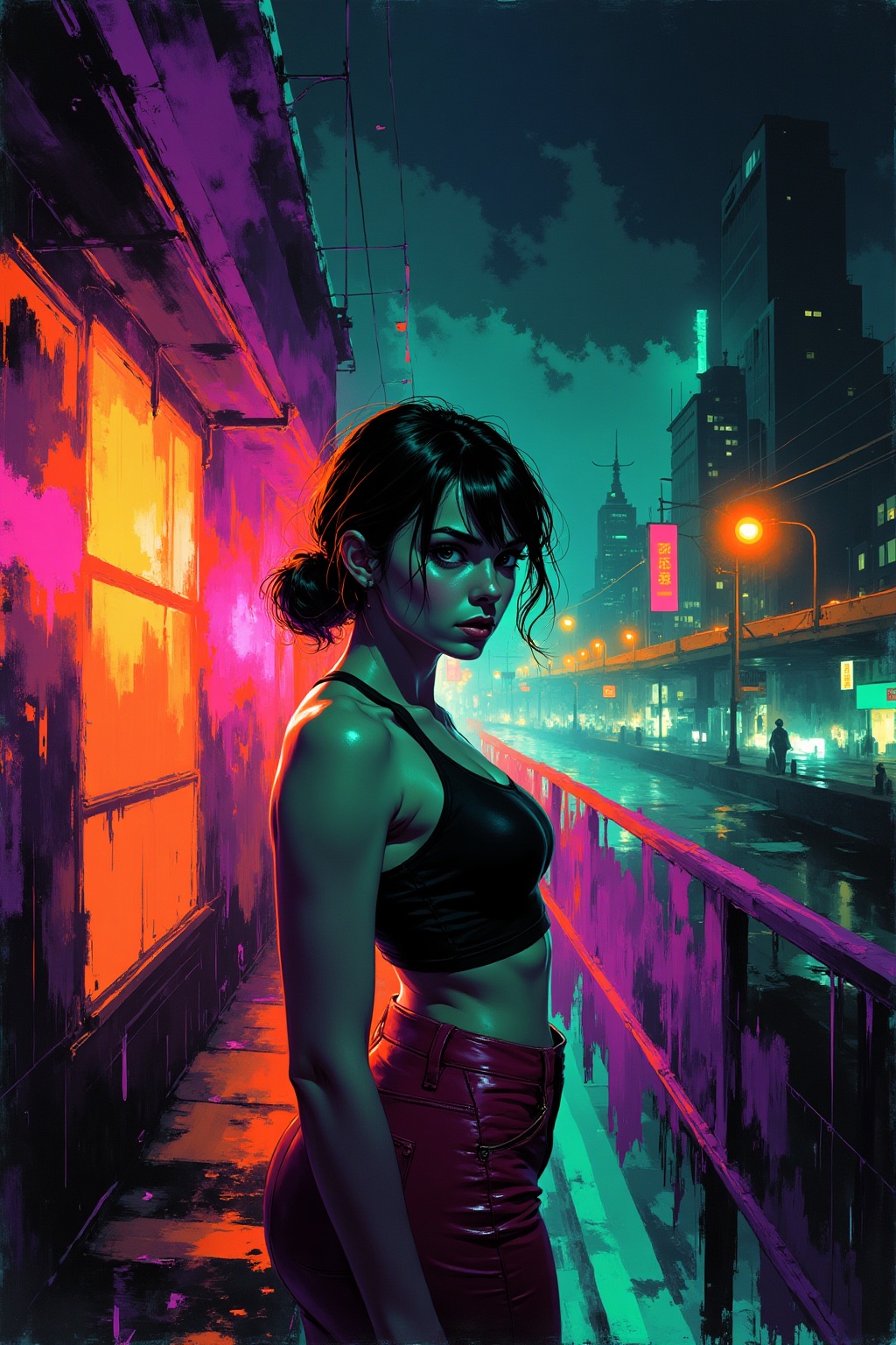 Abstract painting. Rough sketch. Neon colors. A young woman. City by night. on Tensor.Art