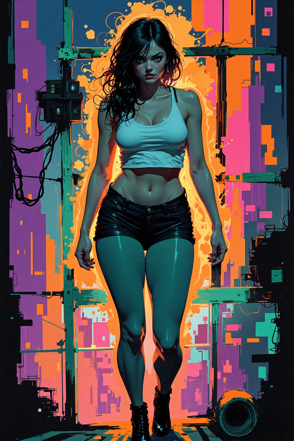 Abstract painting. Rough sketch. Neon colors. A young woman. Full body. City by night. on Tensor.Art