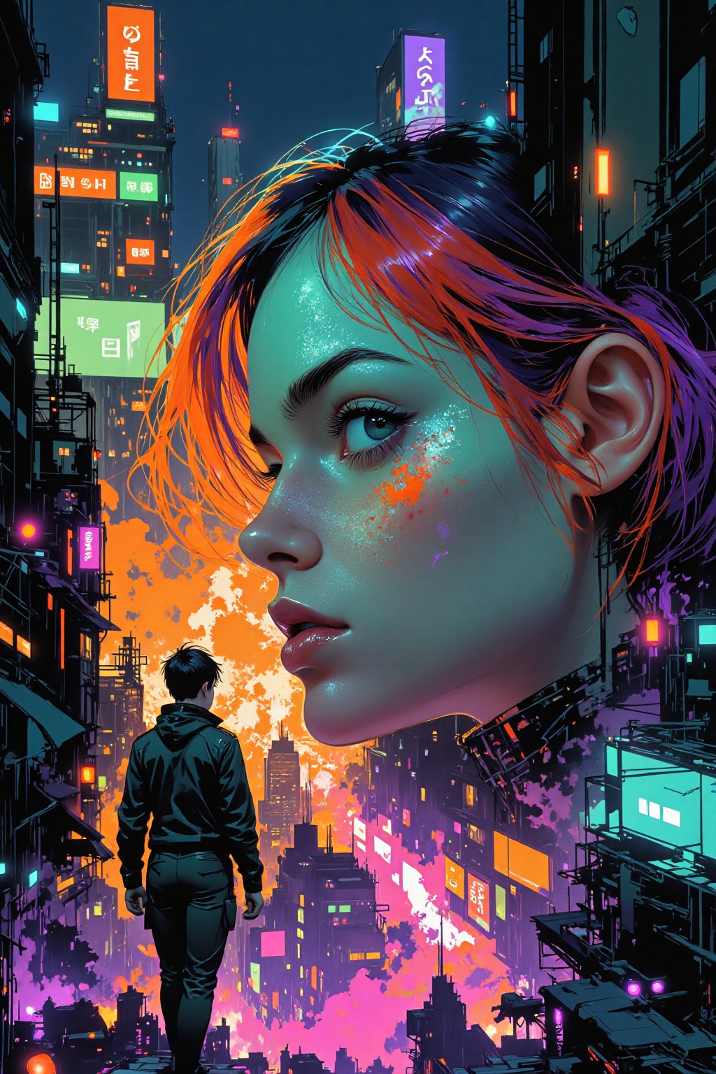 Abstract. Rough sketch. Brush strokes. Neon colors. A young woman. City by night. on Tensor.Art