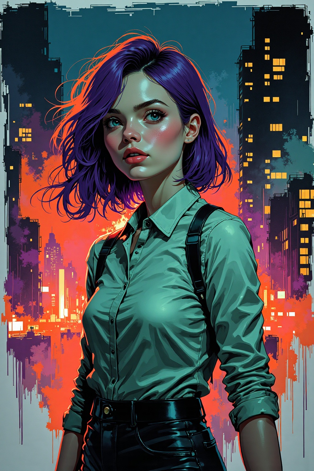 Abstract painting. Rough sketch. Neon colors. A young woman. City by night. on Tensor.Art