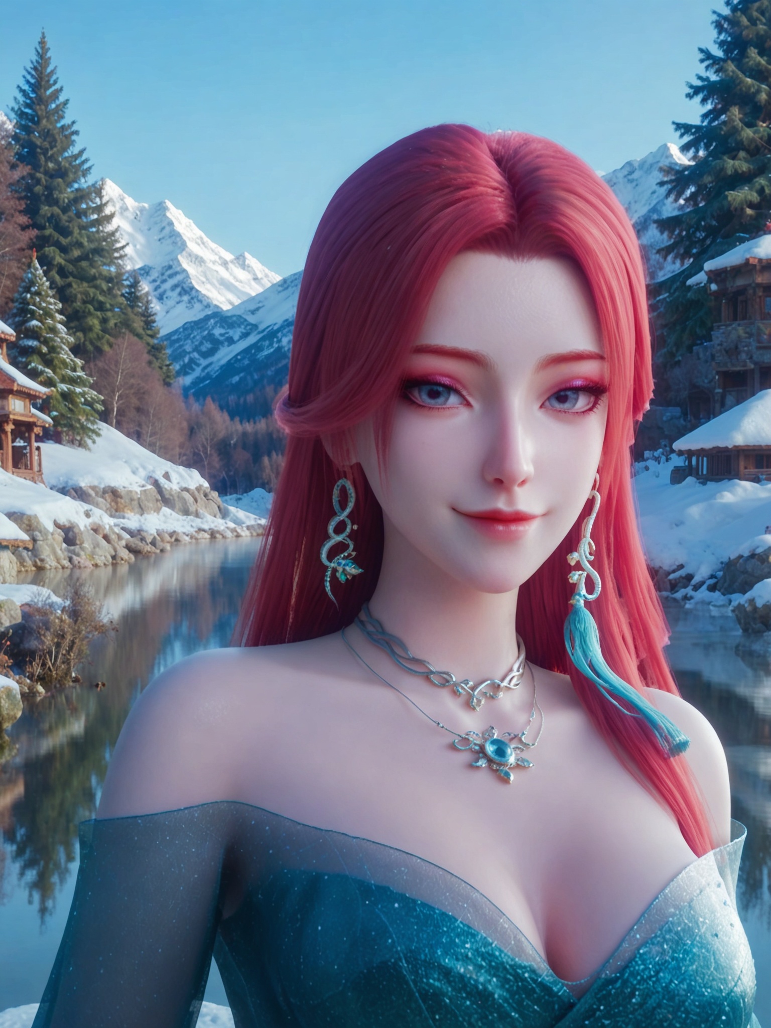 score_9,score_8_up,score_7_up,masterpiece,(best quality),(intricate details:0.9) BREAK (intricate details:0.9),(realistic skin:1.2),masterpiece,best quality,newest,absurdres,hiahres,1girl,jewelry,hair ornament,dress,necklace,lips,eyeshadow,bracelet,tassel,(8k ultra-clear, pony style),photo pose 0.6, micro-expression: soft smile 0.3, half-body + medium shot 0.7,1girl,looking_at_viewer,1boy,hair,realistic,photorealistic,Vivid Colors,bright environment,shiny skin,shiny hairjewelry,detail eyes,Eyes highlights,glowing,sunshine,bright,reflection,bright,sunshine on face,shiny,shinny,petite,thin,leg slimming,lose weight,slim hips,lakeside,delicate water,reflection,(full body:1.2)sitting_down,eyelashes,snow,Winter,Snowy landscape,Snow accumulation,Christmas tree,red hair,(huge breasts:1.1),