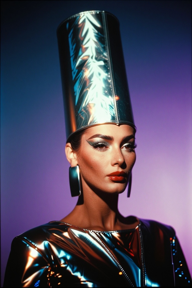 The image depicts a person wearing a striking,  futuristic outfit. The individual is adorned with a metallic,  cylindrical...