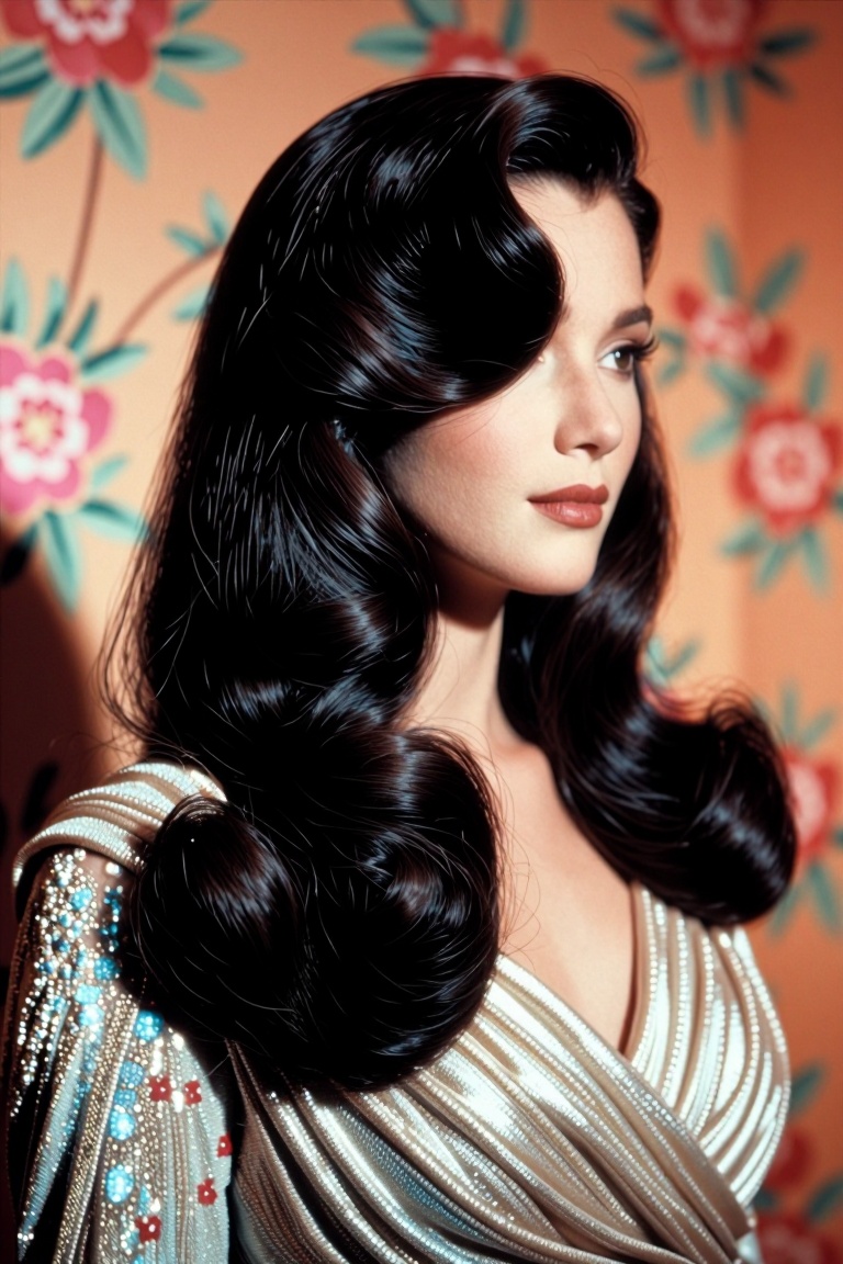 The image depicts a person with long,  voluminous,  dark hair styled in elegant waves. The individual is wearing a shimmer...