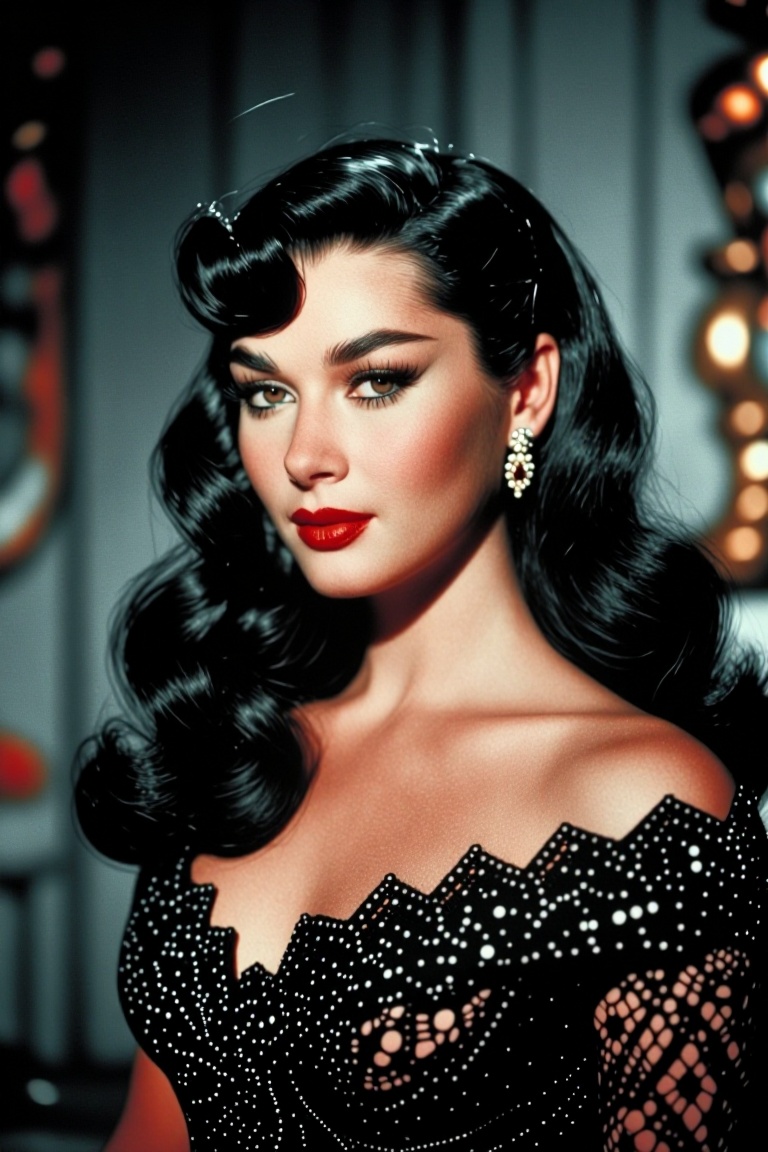 The image depicts a woman with long,  voluminous black hair styled in elegant curls. She is wearing a black,  off-the-shou...