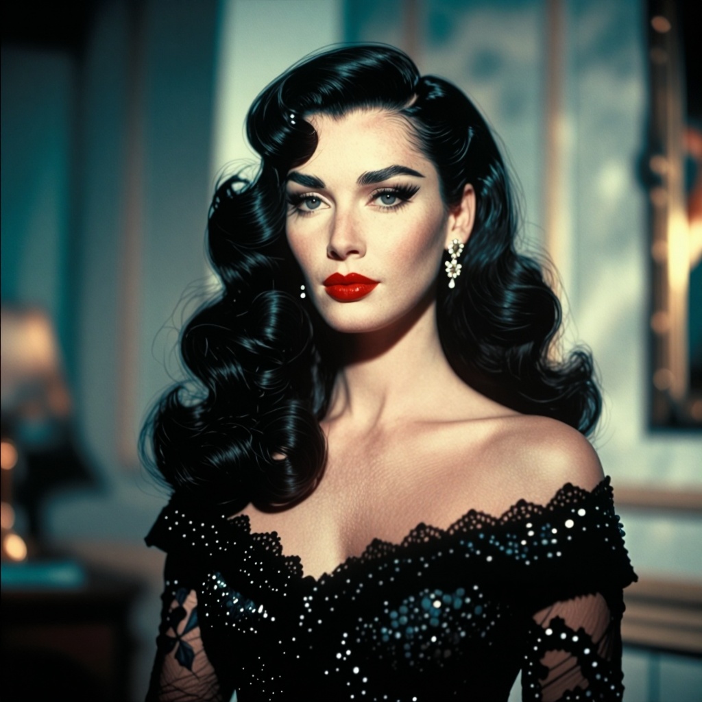 The image depicts a woman with long,  voluminous black hair styled in elegant curls. She is wearing a black,  off-the-shou...