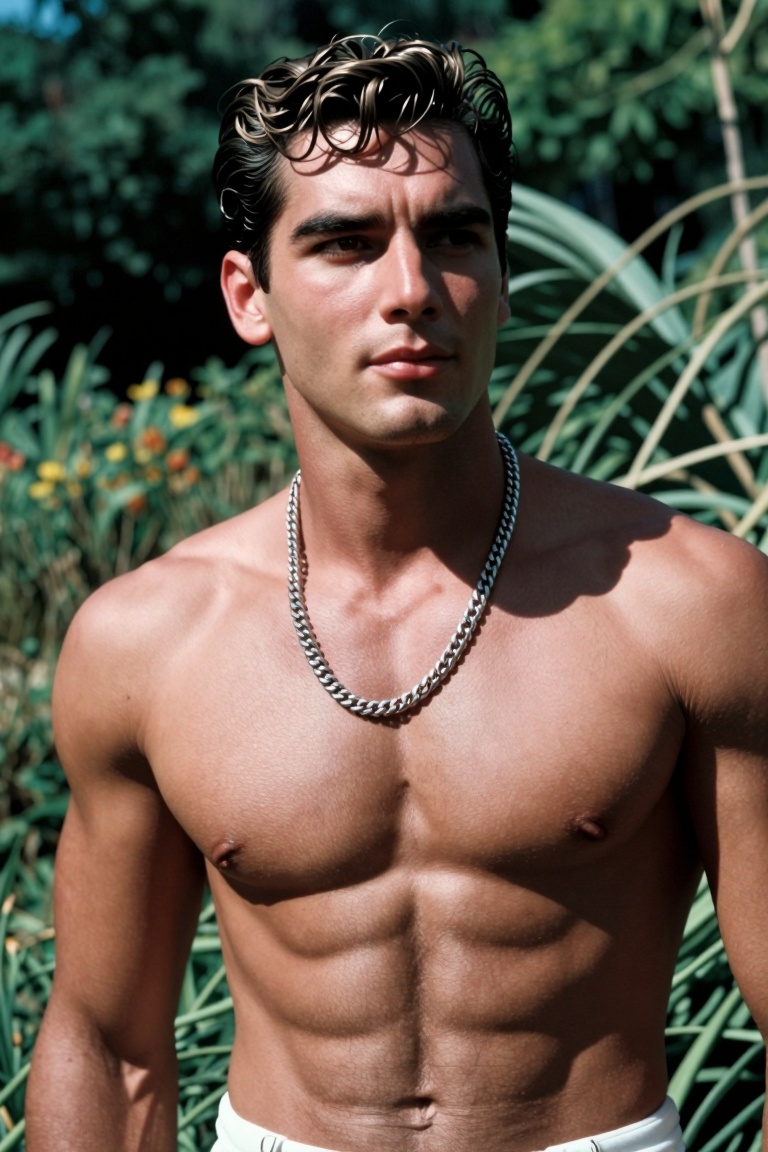 The image shows a person with a muscular build,  wearing a silver chain necklace. The individual is shirtless and appears...
