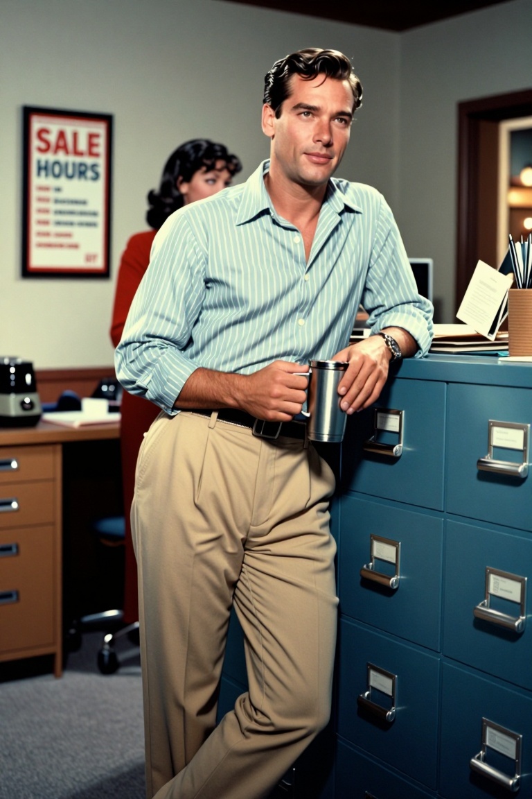 The image shows a man leaning against a blue filing cabinet in an office setting. He is wearing a light blue and white str...