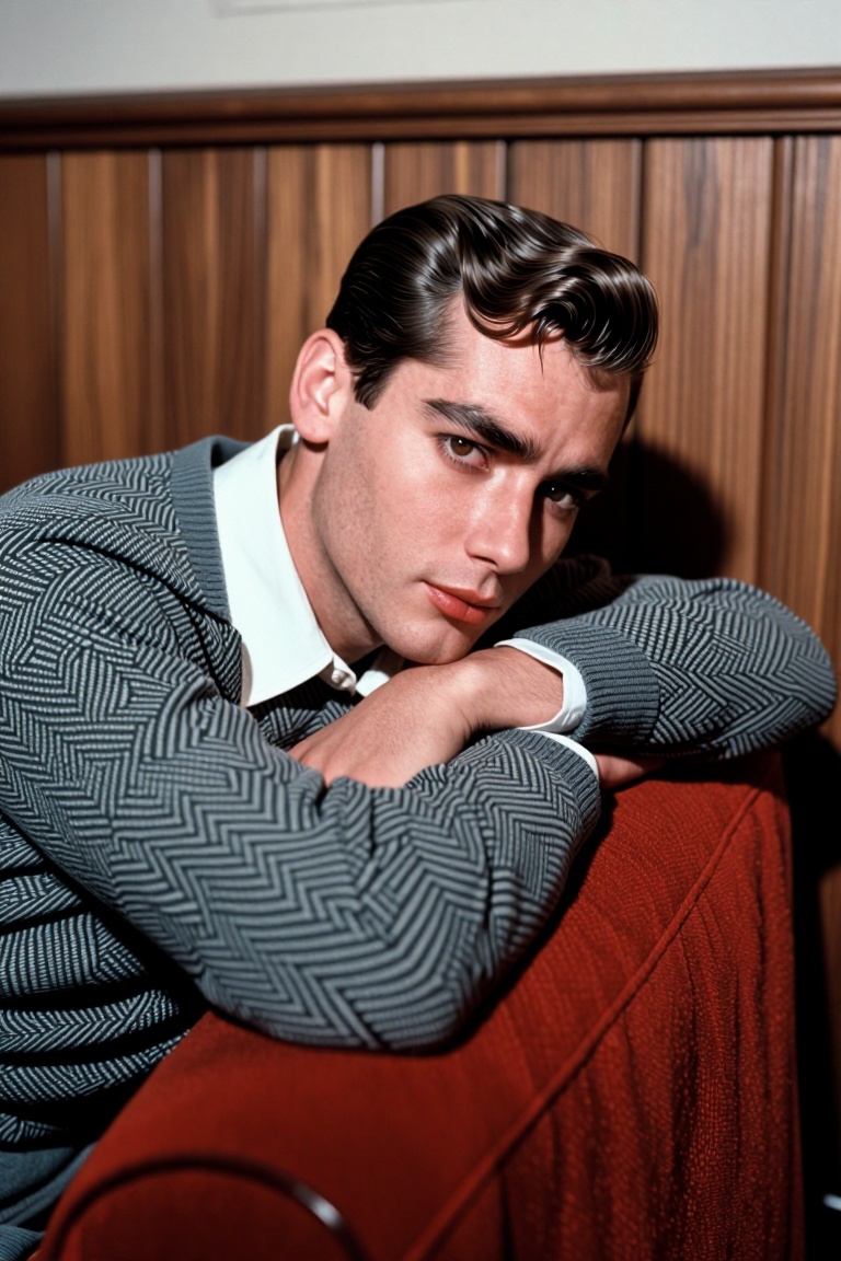 The image shows a person leaning on a red cushioned chair. The individual is wearing a gray,  herringbone-patterned sweate...