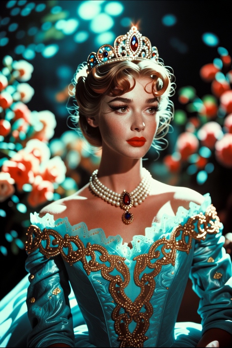 The image depicts a person dressed in an elegant,  off-shoulder blue gown adorned with intricate gold embroidery and lace...