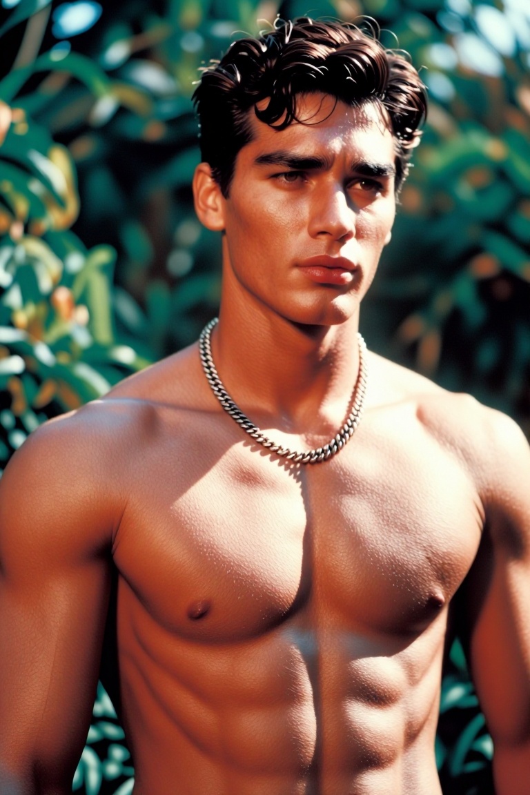 The image shows a person with a muscular build,  wearing a silver chain necklace. The individual is shirtless and appears...