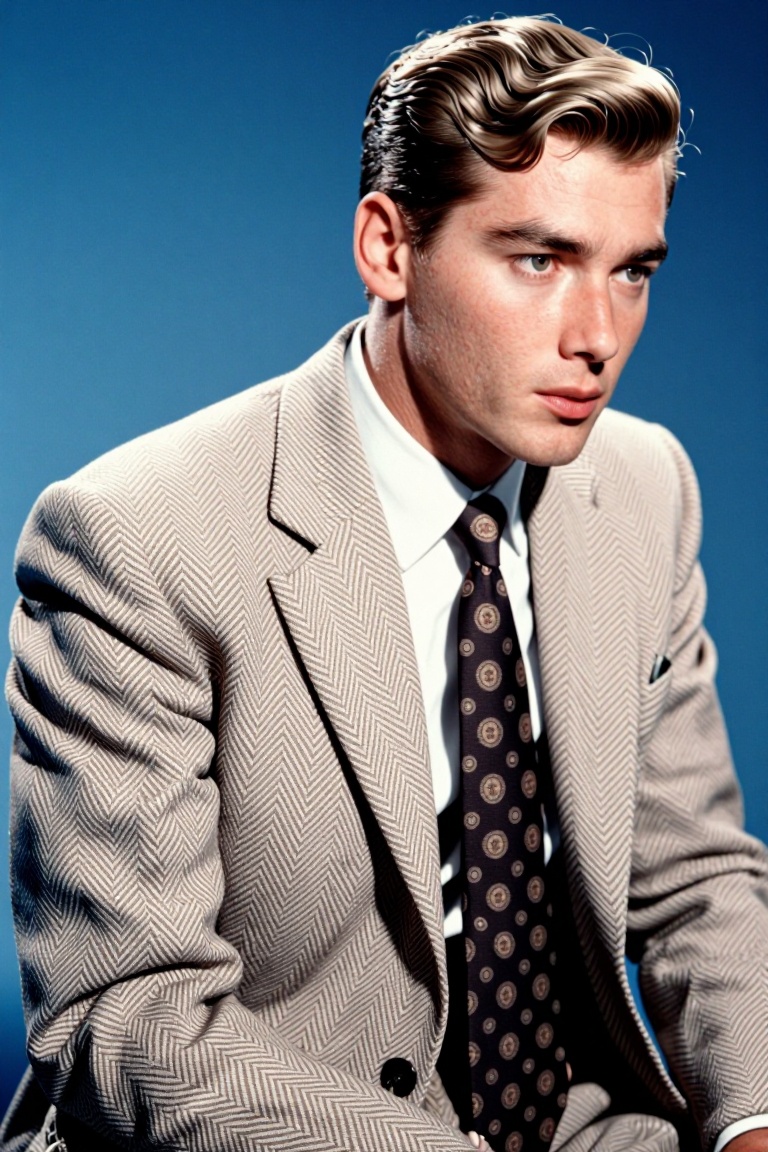 The image shows a person wearing a light-colored herringbone suit with a white dress shirt and a dark tie featuring a patt...