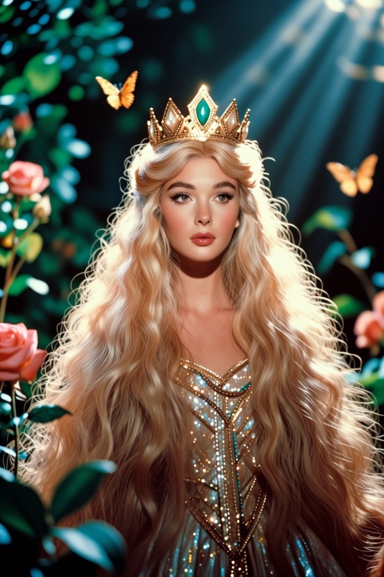 The image depicts a highly detailed and stylized character with long,  voluminous blonde hair adorned with a golden crown....