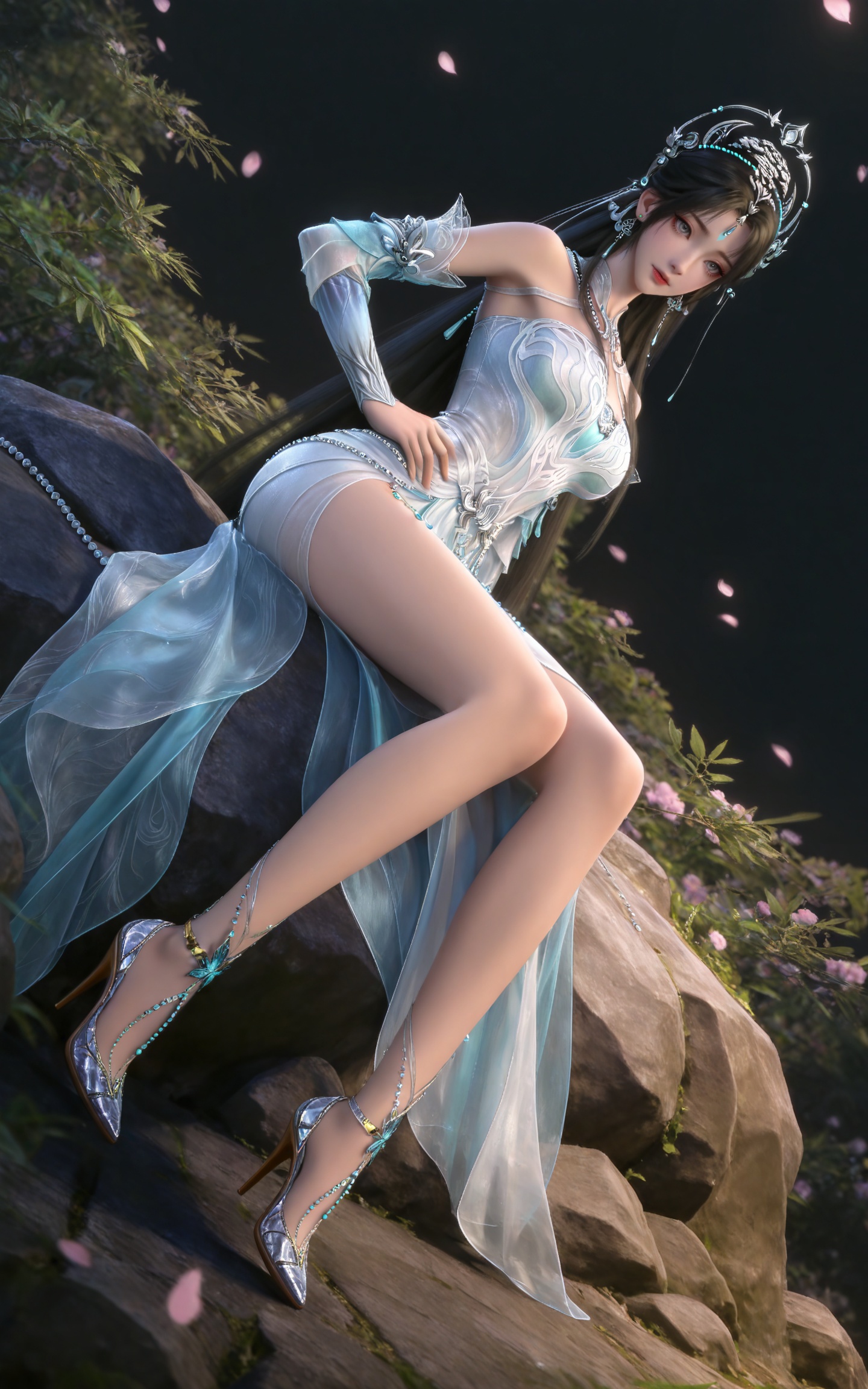 masterpiece,high quality,tall,game cg,highres,(soft light:1.2),(white_skin:0.6),(shiny_skin:0.6),(realistic:1.1),lvjing,,beads,long hair,grey eyes,forehead mark,black hair,forehead_jewel,hair_ornament,tiara,earrings,necklace,qingyi white dress,detached_sleeves,long_sleeves,1girl,solo,bare shoulders,high_heels,jewelry,black_background,simple background,outdoor,