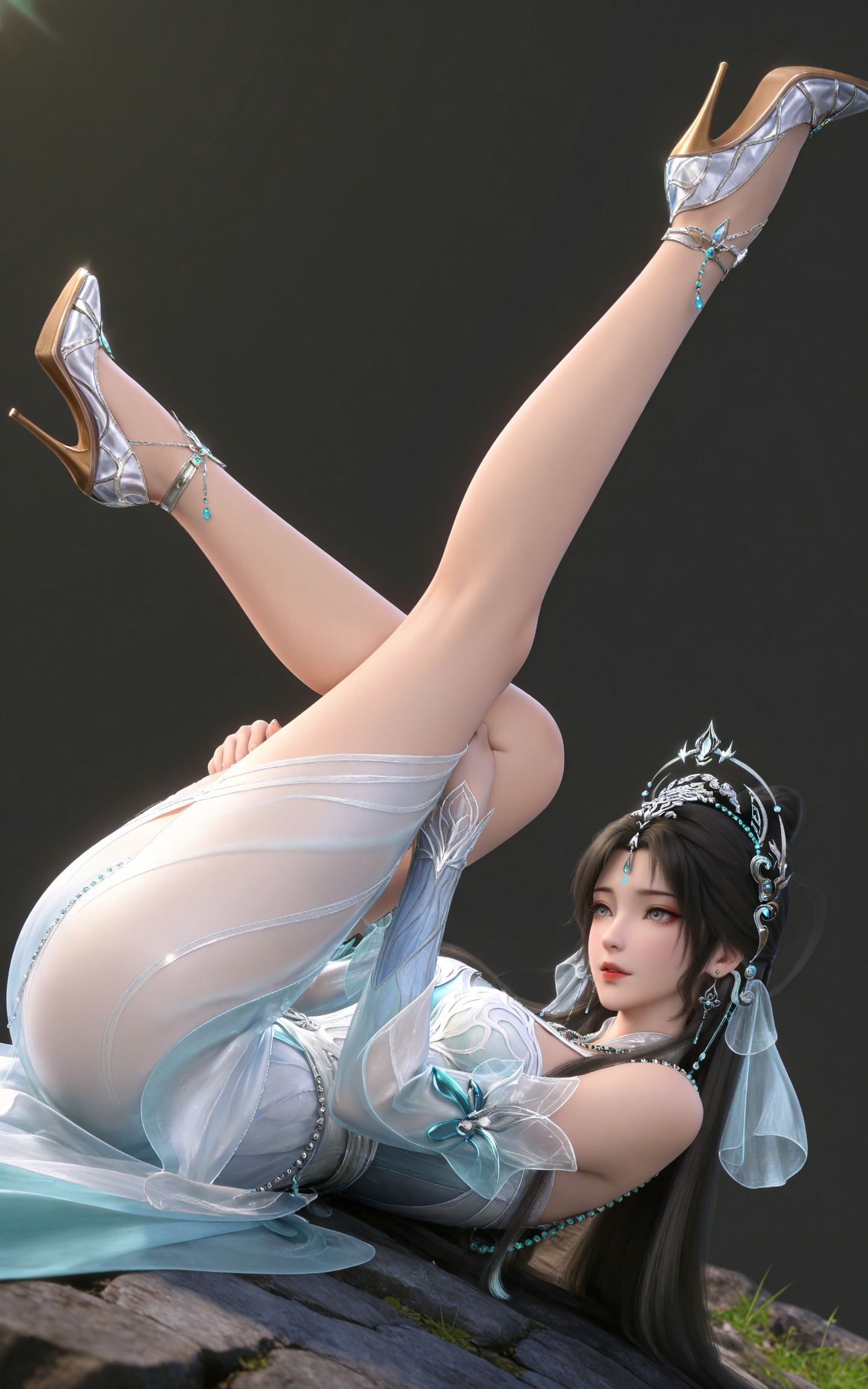 masterpiece,high quality,tall,game cg,highres,(soft light:1.2),(white_skin:0.6),(shiny_skin:0.6),(realistic:1.1),day,sunshine,lvjing,,beads,long hair,grey eyes,forehead mark,black hair,forehead_jewel,hair_ornament,tiara,earrings,necklace,qingyi white dress,detached_sleeves,long_sleeves,1girl,solo,bare shoulders,high_heels,jewelry,black_background,simple background,outdoor,