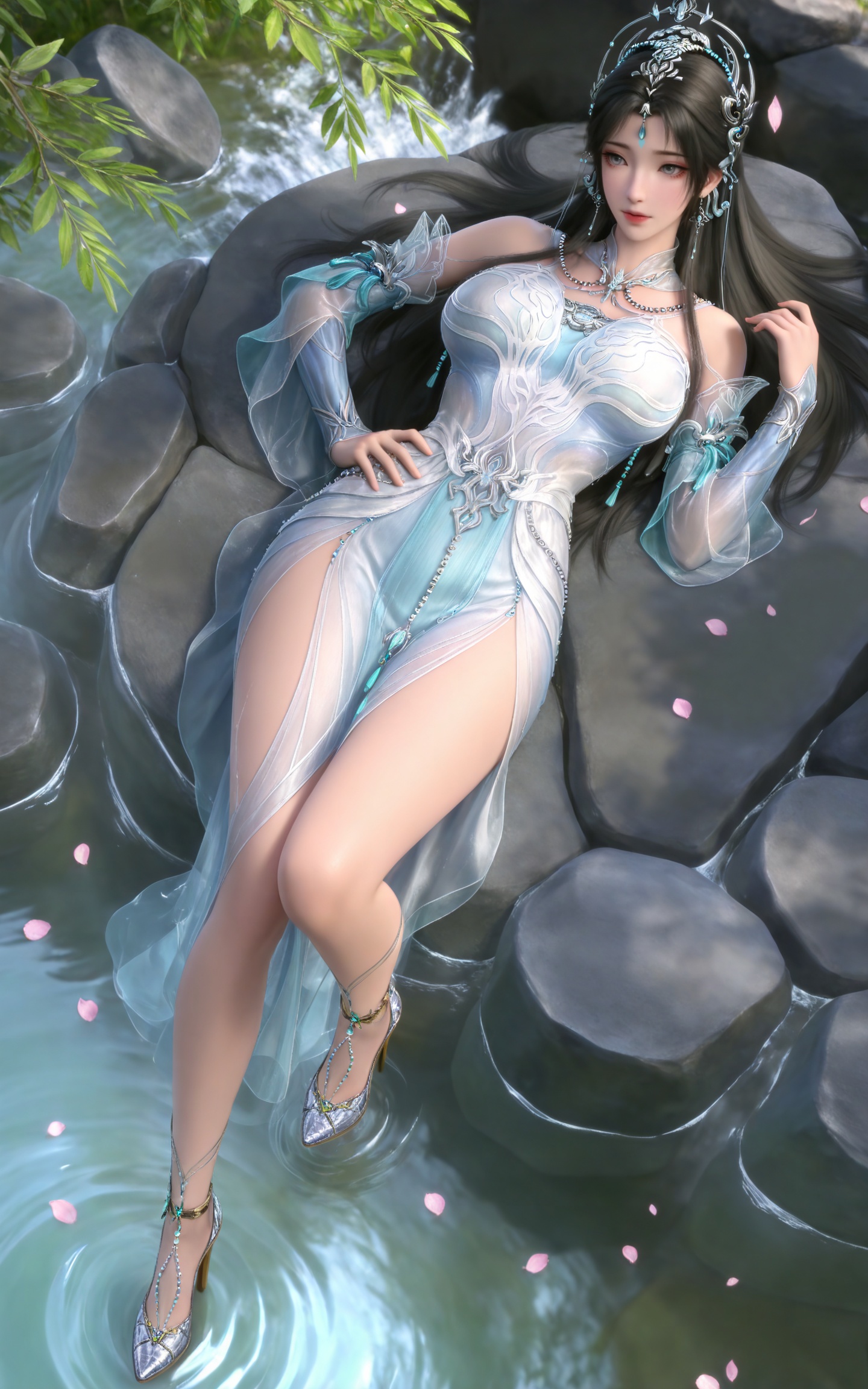 masterpiece,high quality,tall,game cg,highres,(soft light:1.2),(white_skin:0.6),(shiny_skin:0.6),(realistic:1.1),day,sunshine,stone,water,lvjing,,beads,long hair,grey eyes,forehead mark,black hair,forehead_jewel,hair_ornament,tiara,earrings,necklace,qingyi white dress,detached_sleeves,long_sleeves,1girl,solo,bare shoulders,high_heels,jewelry,black_background,simple background,outdoor,