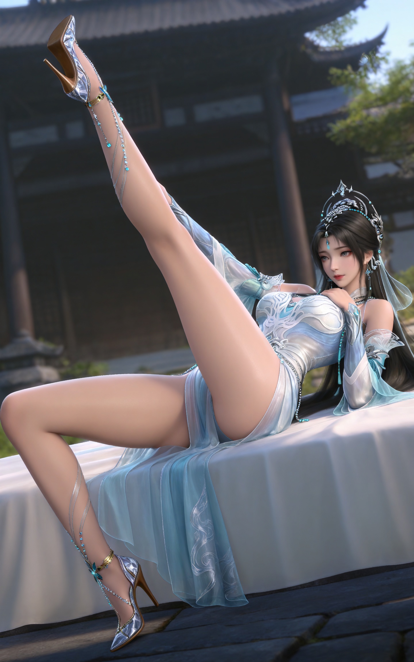 masterpiece,high quality,tall,game cg,highres,(soft light:1.2),(white_skin:0.6),(shiny_skin:0.6),(realistic:1.1),day,sunshine,lvjing,,beads,long hair,grey eyes,forehead mark,black hair,forehead_jewel,hair_ornament,tiara,earrings,necklace,qingyi white dress,detached_sleeves,long_sleeves,1girl,solo,bare shoulders,high_heels,jewelry,black_background,simple background,outdoor,