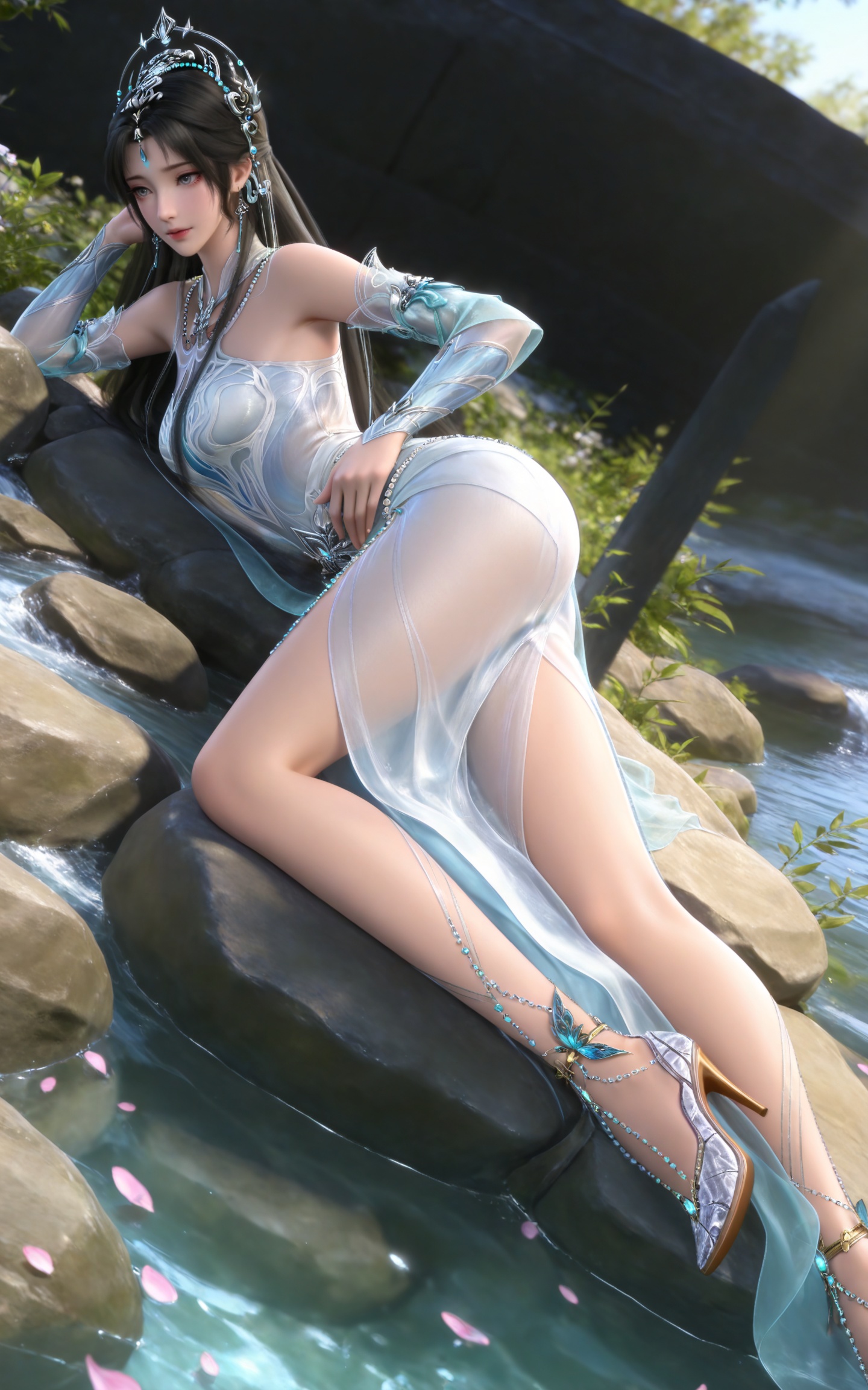 masterpiece,high quality,tall,game cg,highres,(soft light:1.2),(white_skin:0.6),(shiny_skin:0.6),(realistic:1.1),day,sunshine,stone,water,lvjing,,beads,long hair,grey eyes,forehead mark,black hair,forehead_jewel,hair_ornament,tiara,earrings,necklace,qingyi white dress,detached_sleeves,long_sleeves,1girl,solo,bare shoulders,high_heels,jewelry,black_background,simple background,outdoor,