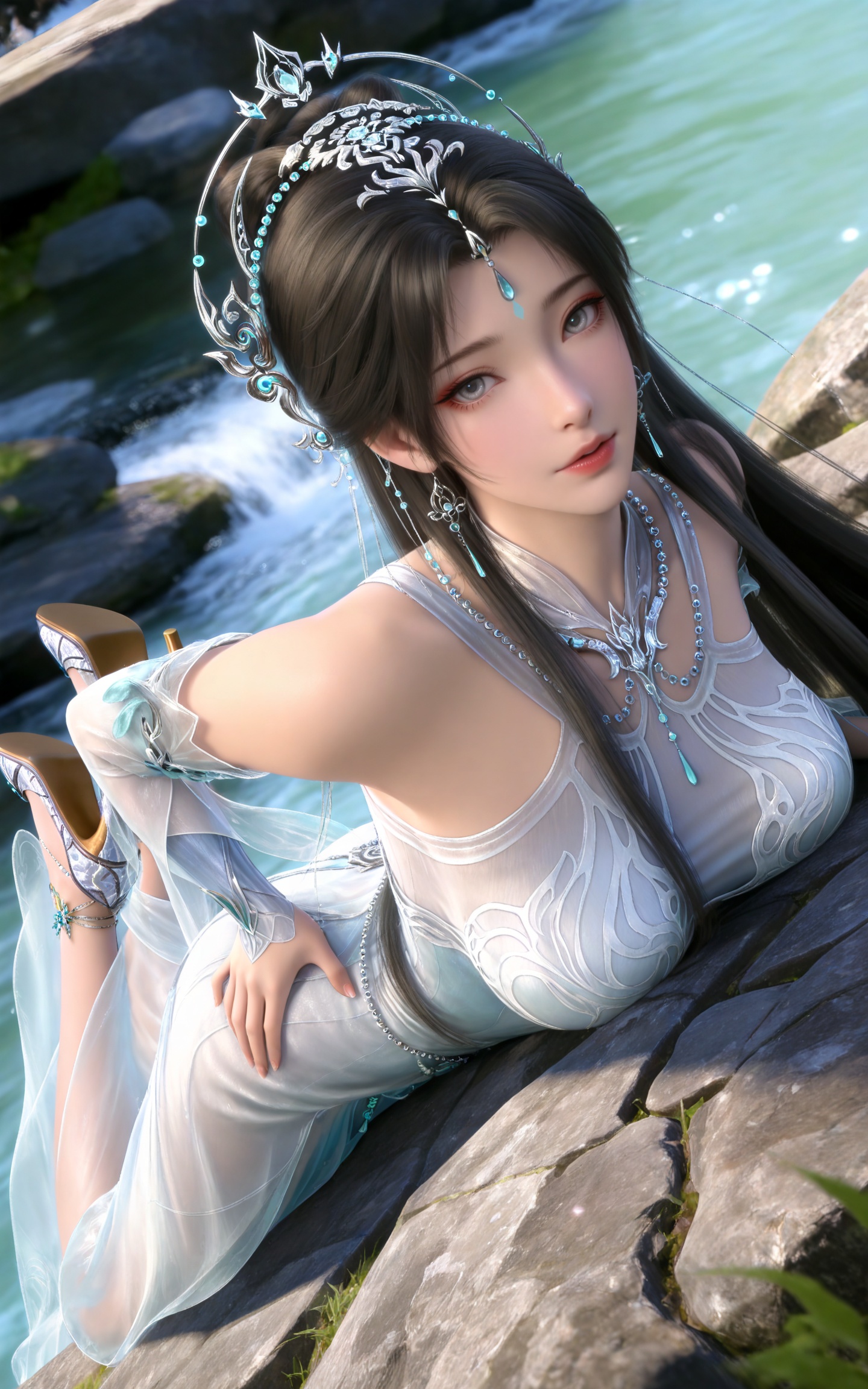 masterpiece,high quality,tall,game cg,highres,(soft light:1.2),(white_skin:0.6),(shiny_skin:0.6),(realistic:1.1),day,sunshine,stone,water,lvjing,,beads,long hair,grey eyes,forehead mark,black hair,forehead_jewel,hair_ornament,tiara,earrings,necklace,qingyi white dress,detached_sleeves,long_sleeves,1girl,solo,bare shoulders,high_heels,jewelry,black_background,simple background,outdoor,looking at viewer