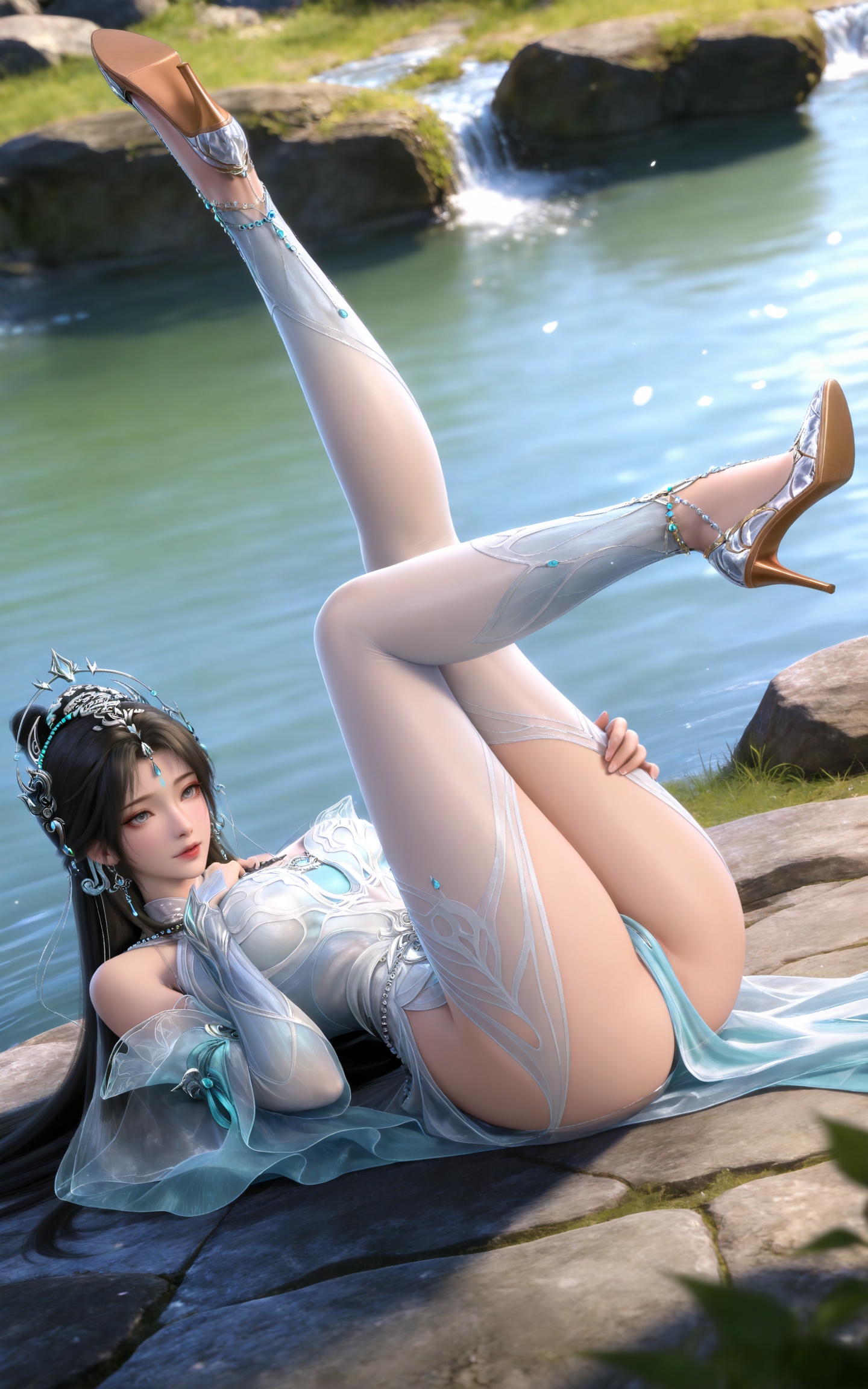 masterpiece,high quality,tall,game cg,highres,(soft light:1.2),(white_skin:0.6),(shiny_skin:0.6),(realistic:1.1),day,sunshine,stone,water,lvjing,,beads,long hair,grey eyes,forehead mark,black hair,forehead_jewel,hair_ornament,tiara,earrings,necklace,qingyi white dress,detached_sleeves,long_sleeves,1girl,solo,bare shoulders,high_heels,jewelry,black_background,simple background,outdoor,