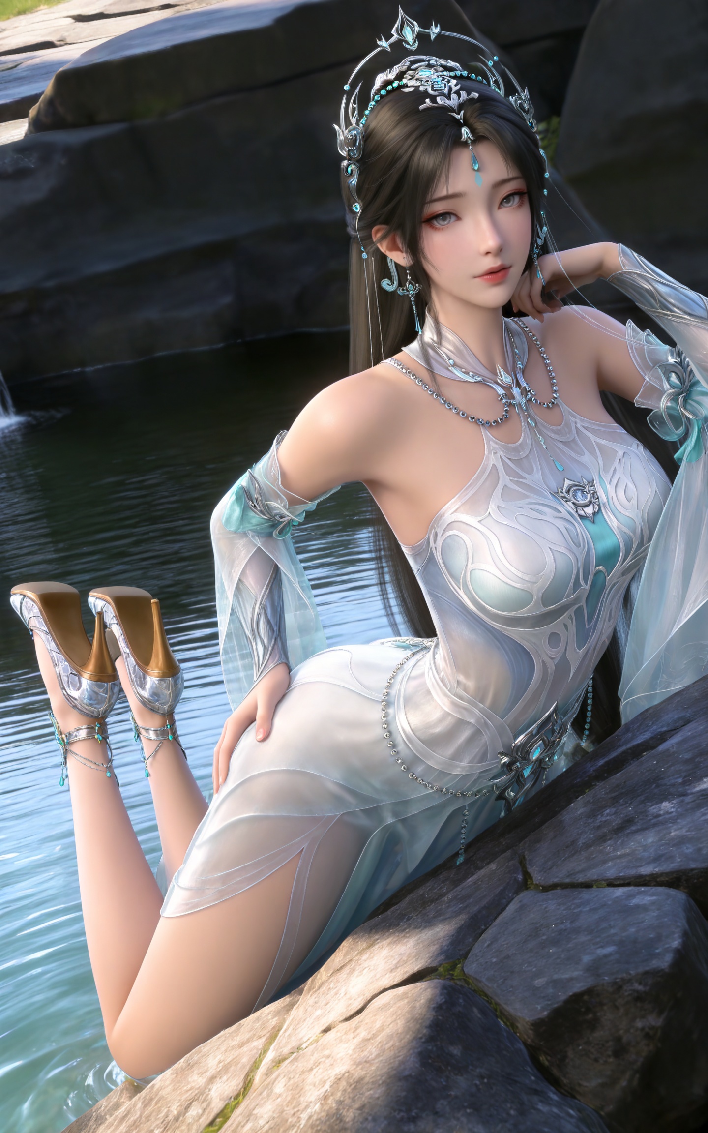 masterpiece,high quality,tall,game cg,highres,(soft light:1.2),(white_skin:0.6),(shiny_skin:0.6),(realistic:1.1),day,sunshine,stone,water,lvjing,,beads,long hair,grey eyes,forehead mark,black hair,forehead_jewel,hair_ornament,tiara,earrings,necklace,qingyi white dress,detached_sleeves,long_sleeves,1girl,solo,bare shoulders,high_heels,jewelry,black_background,simple background,outdoor,