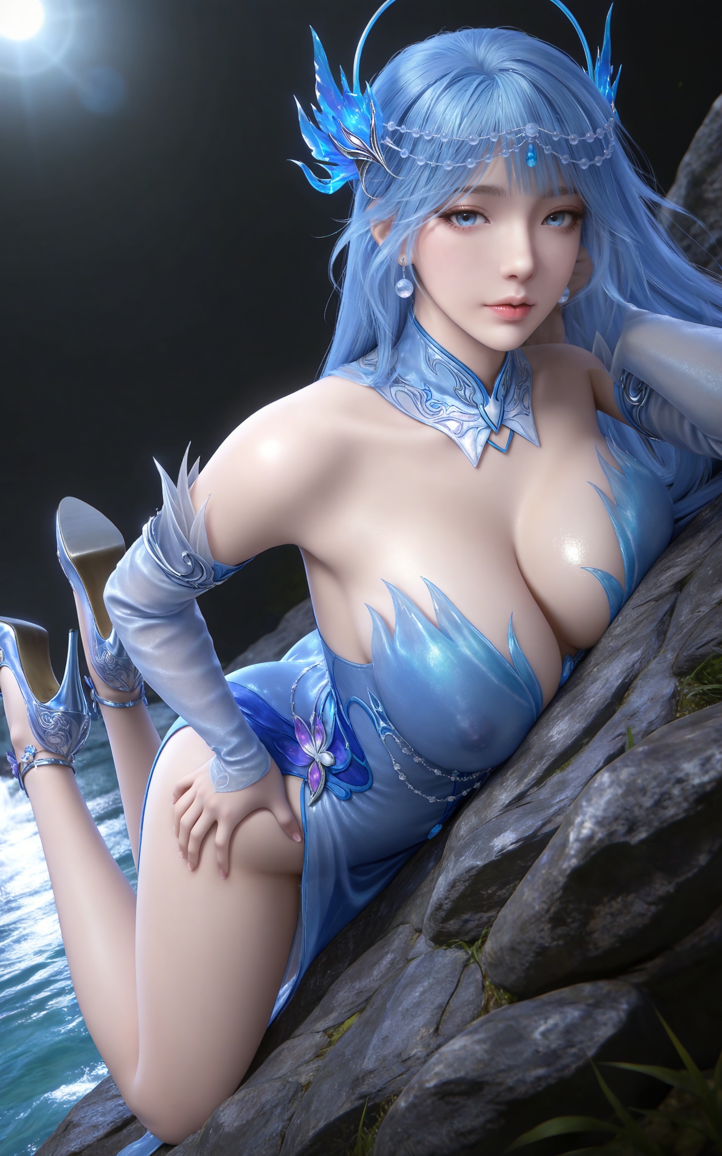 masterpiece,high quality,tall,game cg,highres,(soft light:1.2),(white_skin:0.6),(shiny_skin:0.6),(realistic:1.1),stone,water,
blue hair, long hair, blue eyes, lanxian blue dress, bare shoulders, detached_sleeves, hair_ornament, earrings, detached collar, jewelry, high_heels,
black_background,simple background,outdoor,looking at viewer