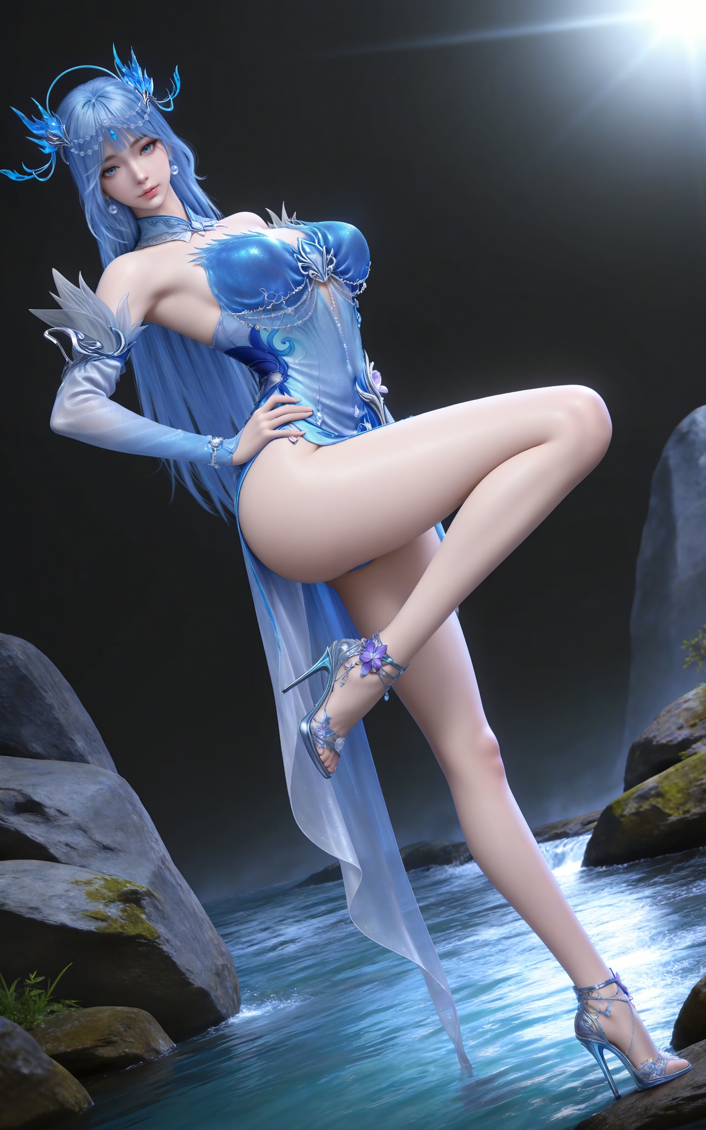masterpiece,high quality,tall,game cg,highres,(soft light:1.2),(white_skin:0.6),(shiny_skin:0.6),(realistic:1.1),stone,water,
blue hair, long hair, blue eyes, lanxian blue dress, bare shoulders, detached_sleeves, hair_ornament, earrings, detached collar, jewelry, high_heels,
black_background,simple background,outdoor,looking at viewer