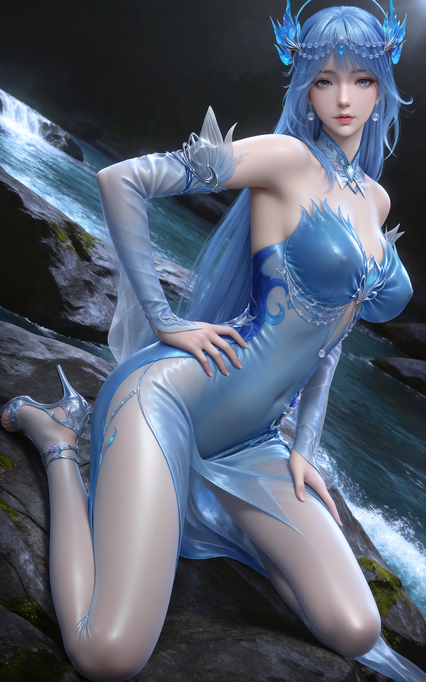 masterpiece,high quality,tall,game cg,highres,(soft light:1.2),(white_skin:0.6),(shiny_skin:0.6),(realistic:1.1),stone,water,
blue hair, long hair, blue eyes, lanxian blue dress, bare shoulders, detached_sleeves, hair_ornament, earrings, detached collar, jewelry, high_heels,
black_background,simple background,outdoor,looking at viewer
