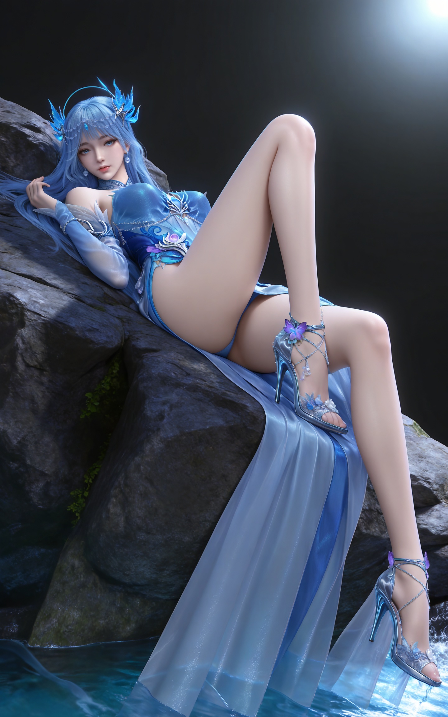 masterpiece,high quality,tall,game cg,highres,(soft light:1.2),(white_skin:0.6),(shiny_skin:0.6),(realistic:1.1),stone,water,
blue hair, long hair, blue eyes, lanxian blue dress, bare shoulders, detached_sleeves, hair_ornament, earrings, detached collar, jewelry, high_heels,
black_background,simple background,outdoor,looking at viewer