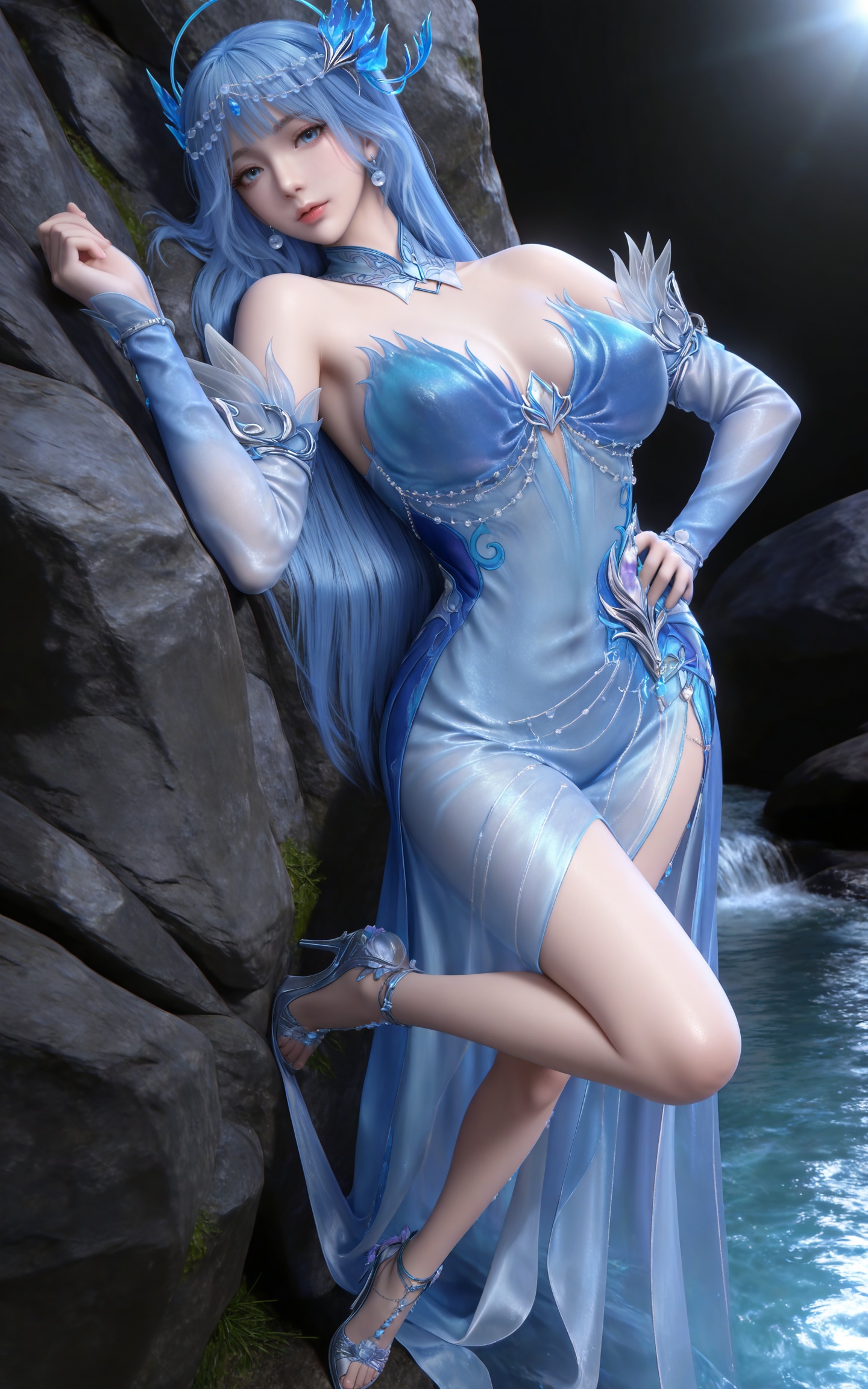 masterpiece,high quality,tall,game cg,highres,(soft light:1.2),(white_skin:0.6),(shiny_skin:0.6),(realistic:1.1),stone,water,
blue hair, long hair, blue eyes, lanxian blue dress, bare shoulders, detached_sleeves, hair_ornament, earrings, detached collar, jewelry, high_heels,
black_background,simple background,outdoor,looking at viewer