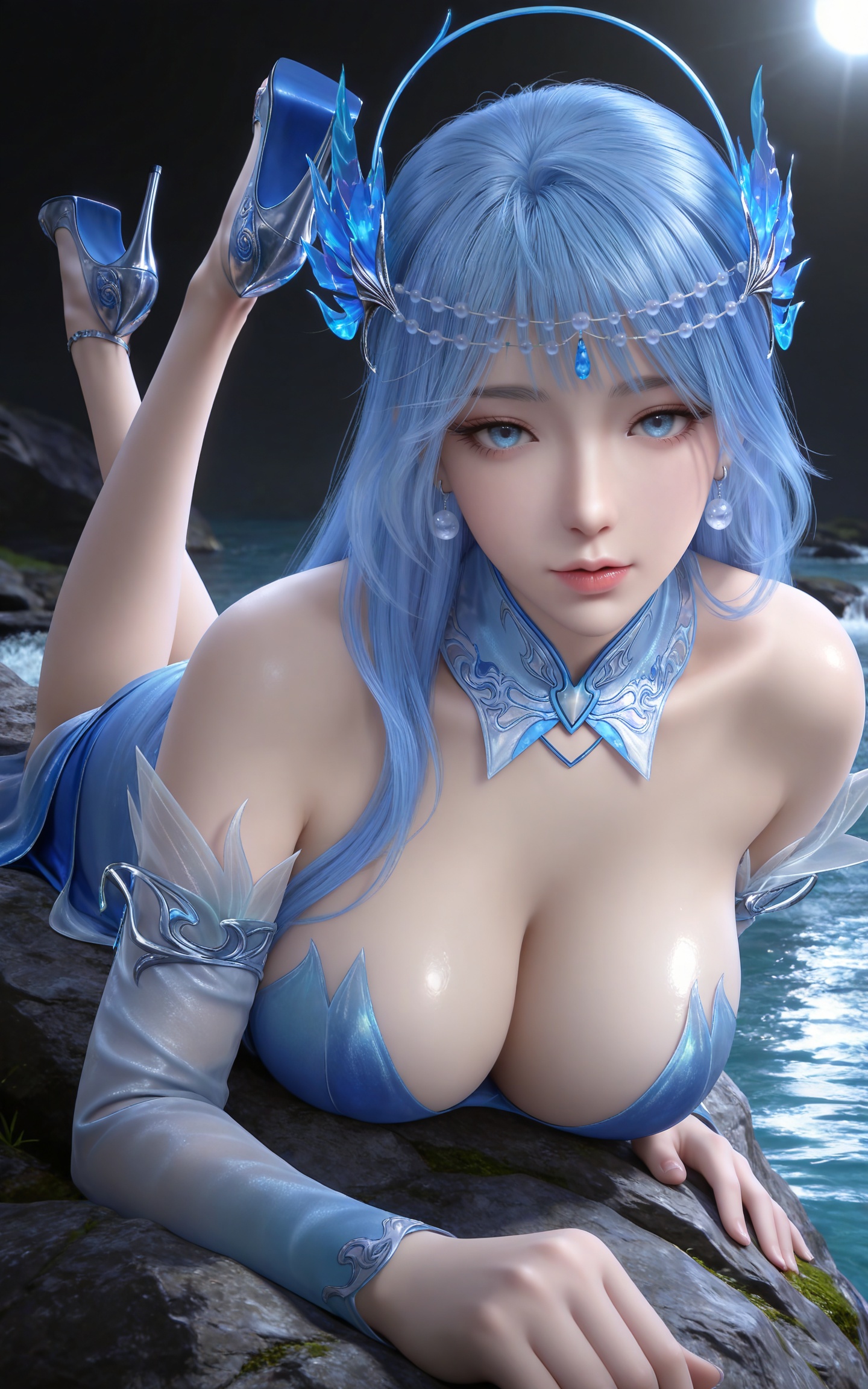 masterpiece,high quality,tall,game cg,highres,(soft light:1.2),(white_skin:0.6),(shiny_skin:0.6),(realistic:1.1),stone,water,
blue hair, long hair, blue eyes, lanxian blue dress, bare shoulders, detached_sleeves, hair_ornament, earrings, detached collar, jewelry, high_heels,
black_background,simple background,outdoor,looking at viewer