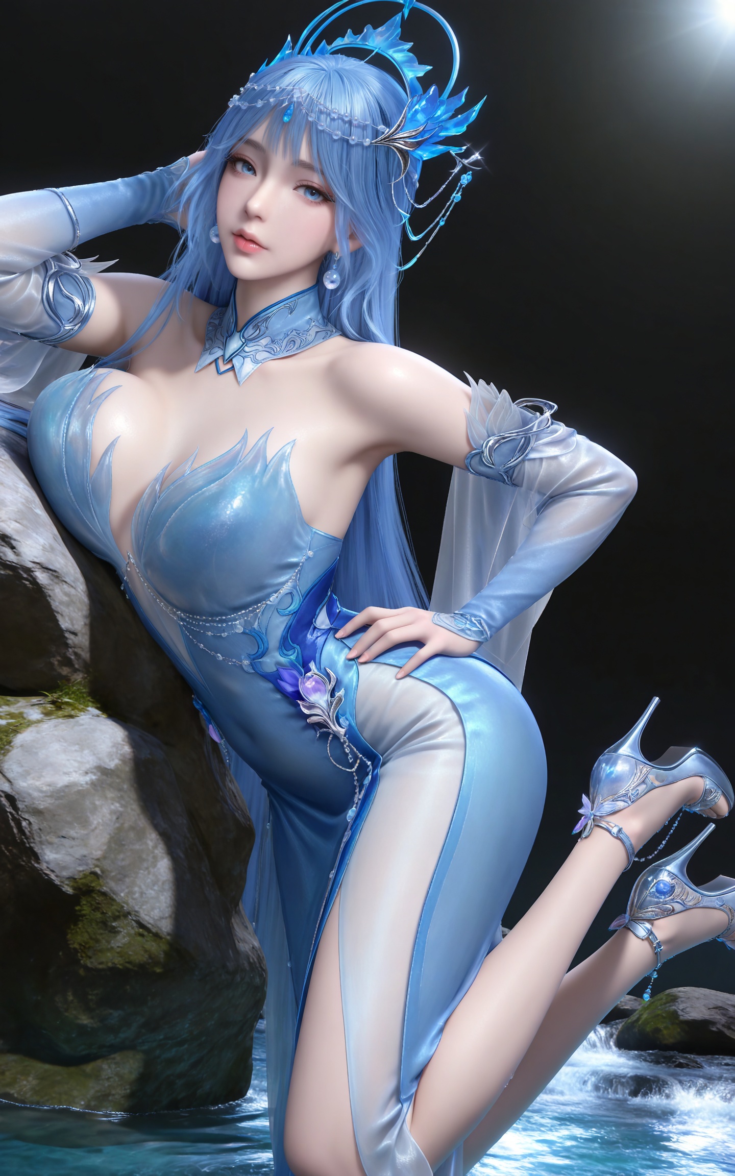 masterpiece,high quality,tall,game cg,highres,(soft light:1.2),(white_skin:0.6),(shiny_skin:0.6),(realistic:1.1),stone,water,
blue hair, long hair, blue eyes, lanxian blue dress, bare shoulders, detached_sleeves, hair_ornament, earrings, detached collar, jewelry, high_heels,
black_background,simple background,outdoor,looking at viewer
