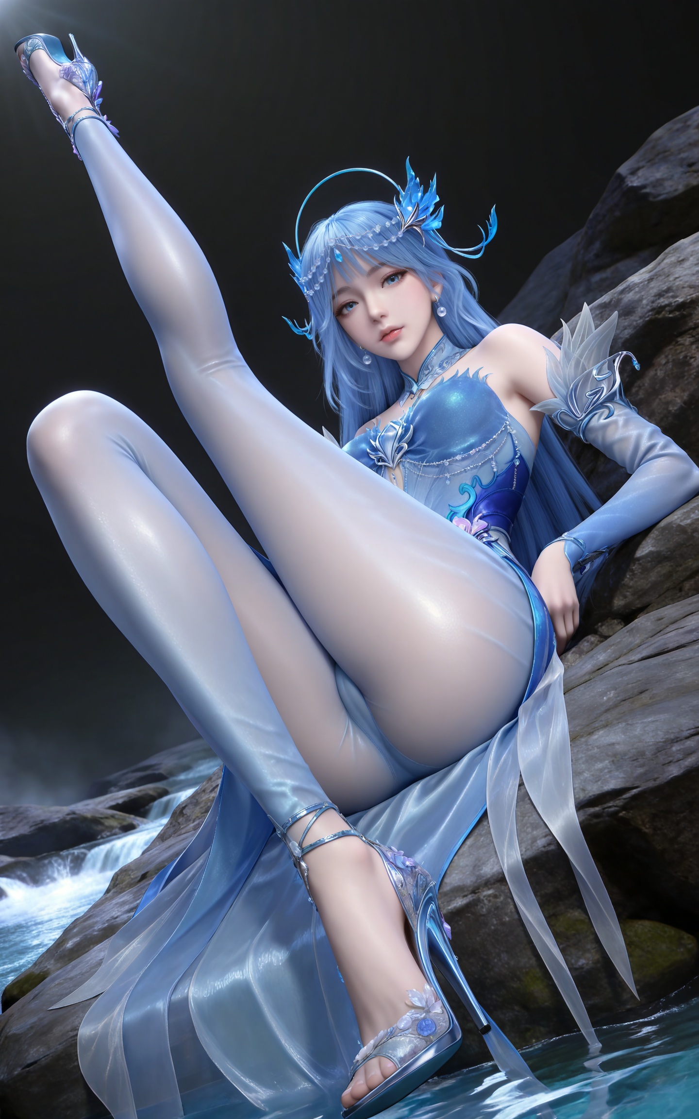 masterpiece,high quality,tall,game cg,highres,(soft light:1.2),(white_skin:0.6),(shiny_skin:0.6),(realistic:1.1),stone,water,
blue hair, long hair, blue eyes, lanxian blue dress, bare shoulders, detached_sleeves, hair_ornament, earrings, detached collar, jewelry, high_heels,
black_background,simple background,outdoor,looking at viewer