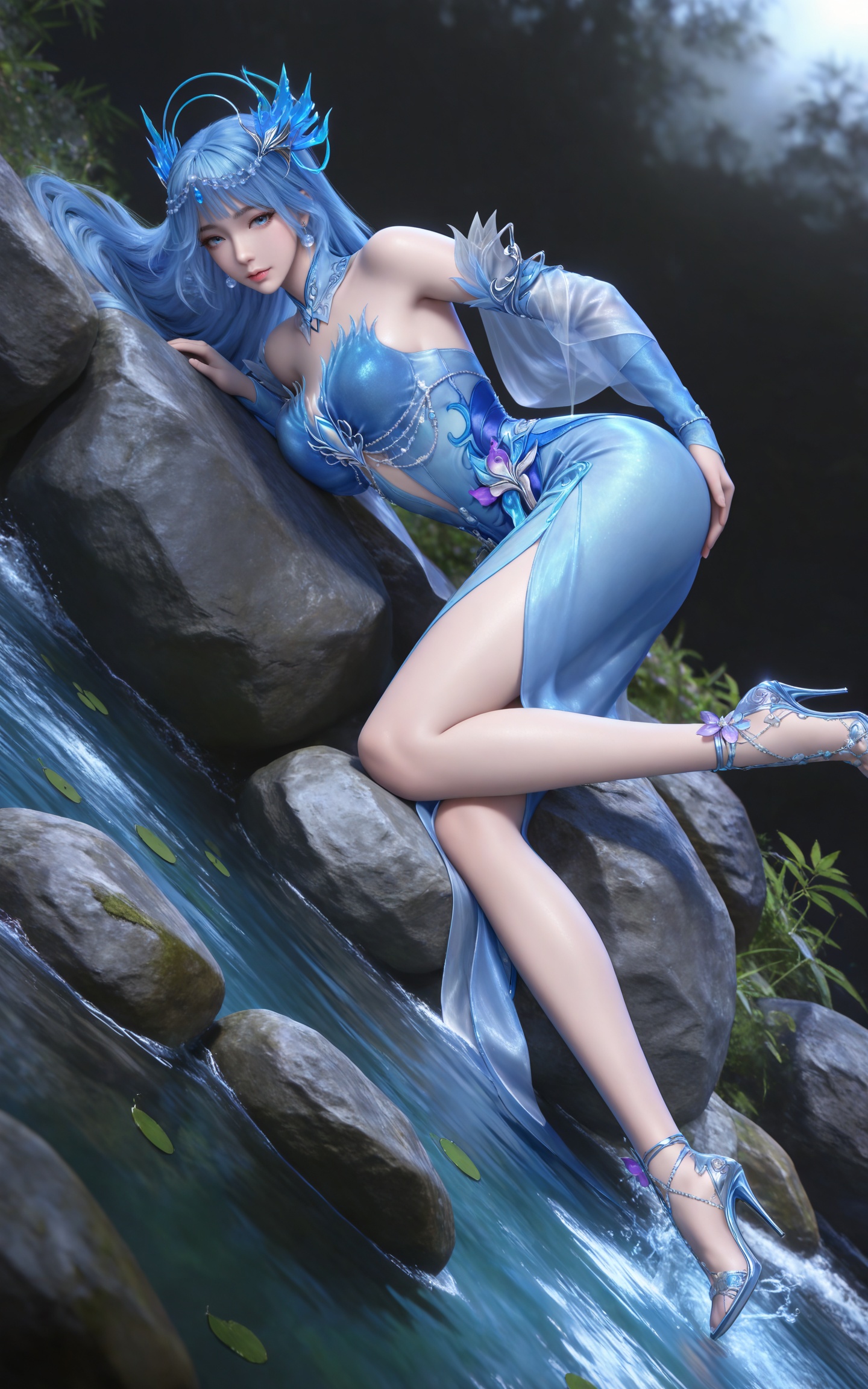 masterpiece,high quality,tall,game cg,highres,(soft light:1.2),(white_skin:0.6),(shiny_skin:0.6),(realistic:1.1),stone,water,
blue hair, long hair, blue eyes, lanxian blue dress, bare shoulders, detached_sleeves, hair_ornament, earrings, detached collar, jewelry, high_heels,
black_background,simple background,outdoor,looking at viewer