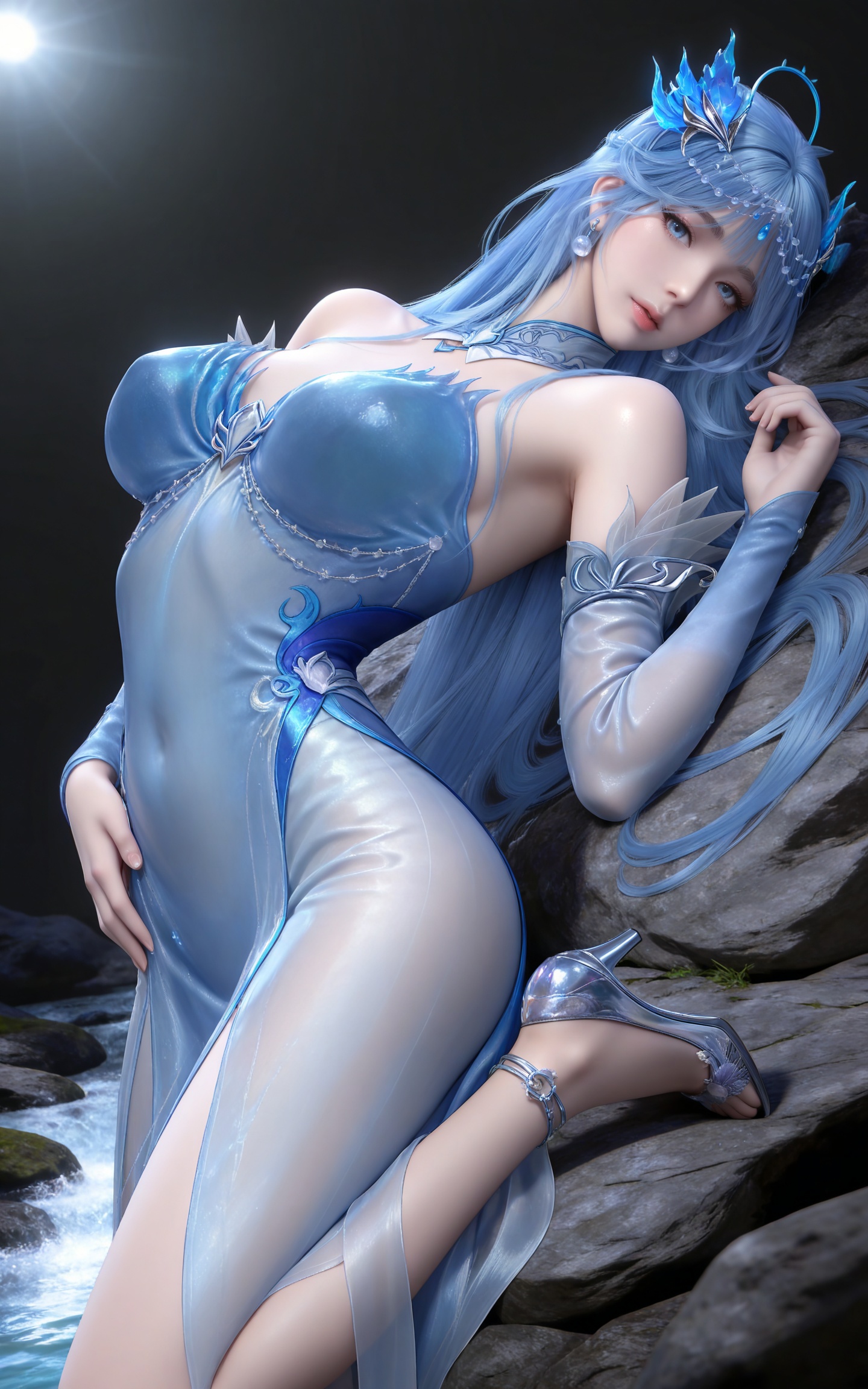 masterpiece,high quality,tall,game cg,highres,(soft light:1.2),(white_skin:0.6),(shiny_skin:0.6),(realistic:1.1),stone,water,
blue hair, long hair, blue eyes, lanxian blue dress, bare shoulders, detached_sleeves, hair_ornament, earrings, detached collar, jewelry, high_heels,
black_background,simple background,outdoor,looking at viewer