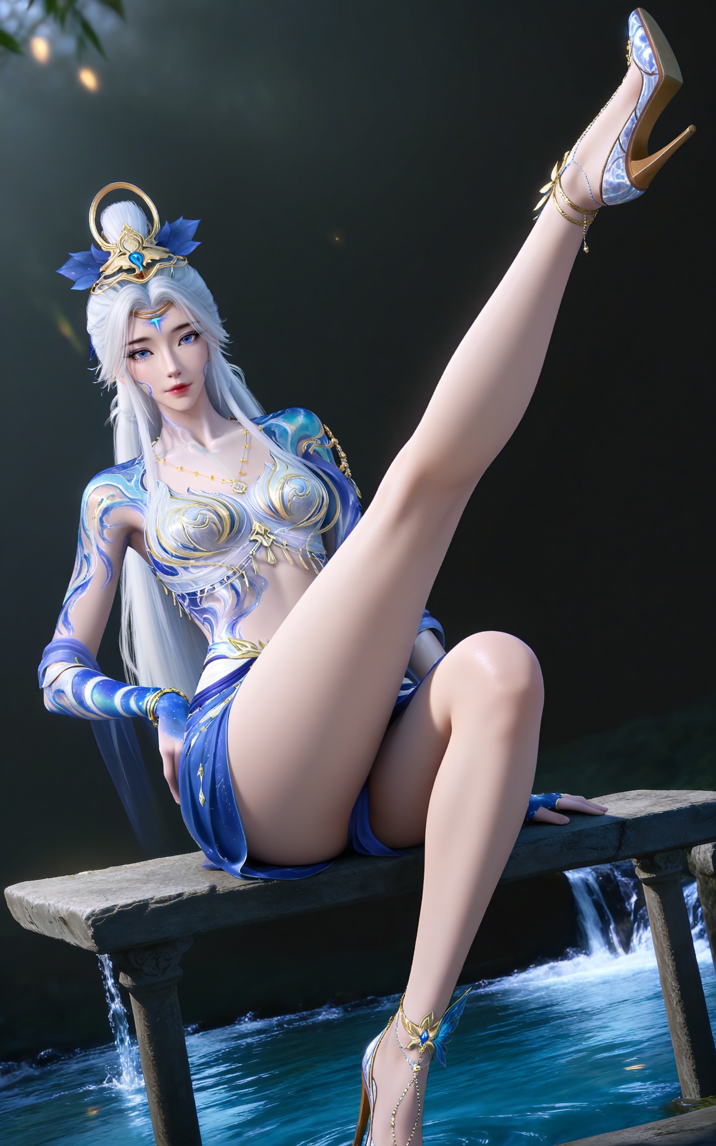 masterpiece,high quality,tall,game cg,highres,(soft light:1.2),(white_skin:0.6),(shiny_skin:0.6),(realistic:1.1),stone,water,
white hair, long hair, blue eyes, hair_bun, facial mark, forehead mark, bare shoulders, collarbonea, hair_ornament, arm tattoo, necklace, moxian white and blue dress, leg tattoo, high_heels,
black_background,simple background,outdoor,looking at viewer