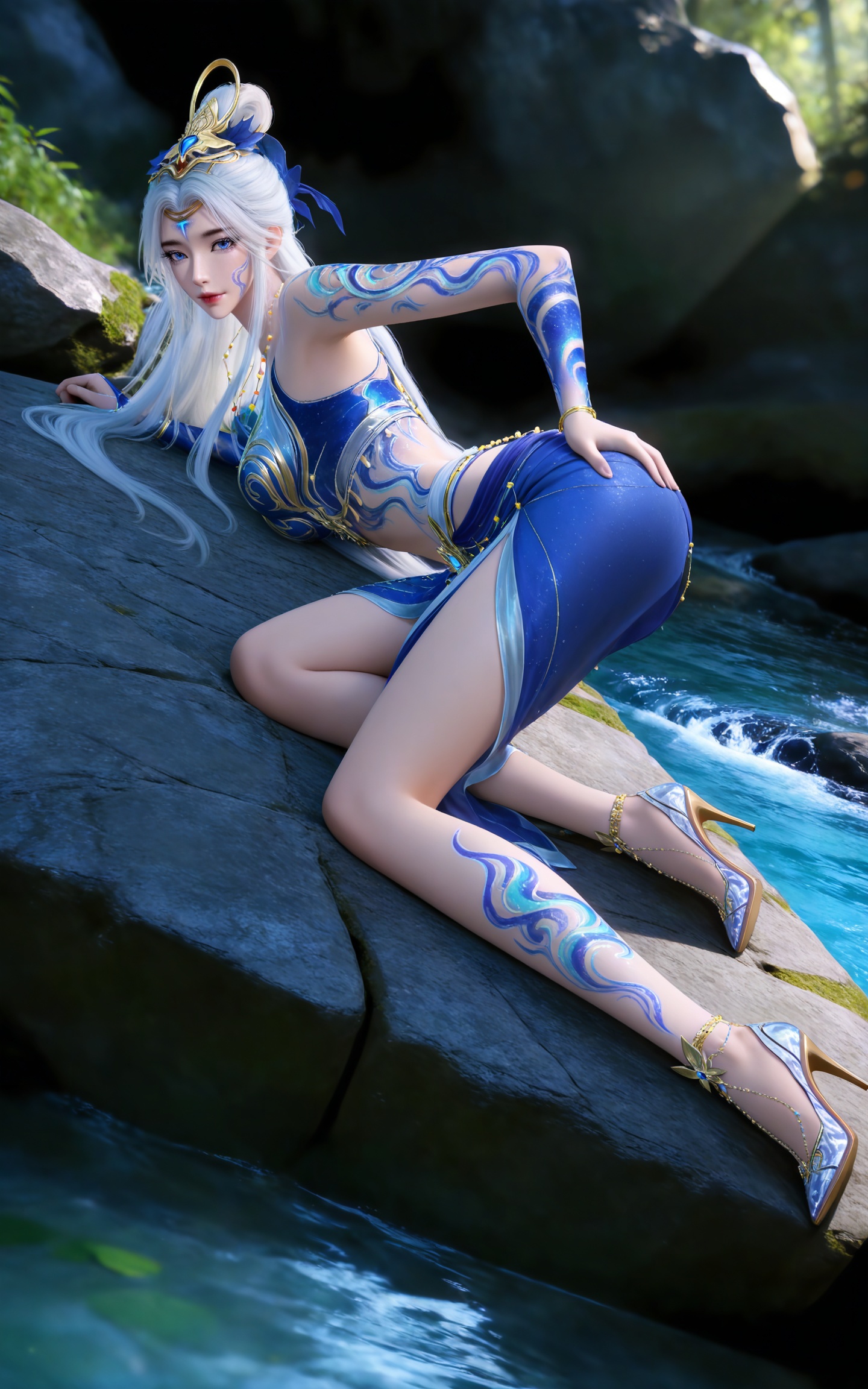 masterpiece,high quality,tall,game cg,highres,(soft light:1.2),(white_skin:0.6),(shiny_skin:0.6),(realistic:1.1),stone,water,
white hair, long hair, blue eyes, hair_bun, facial mark, forehead mark, bare shoulders, collarbonea, hair_ornament, arm tattoo, necklace, moxian white and blue dress, leg tattoo, high_heels,
black_background,simple background,outdoor,looking at viewer